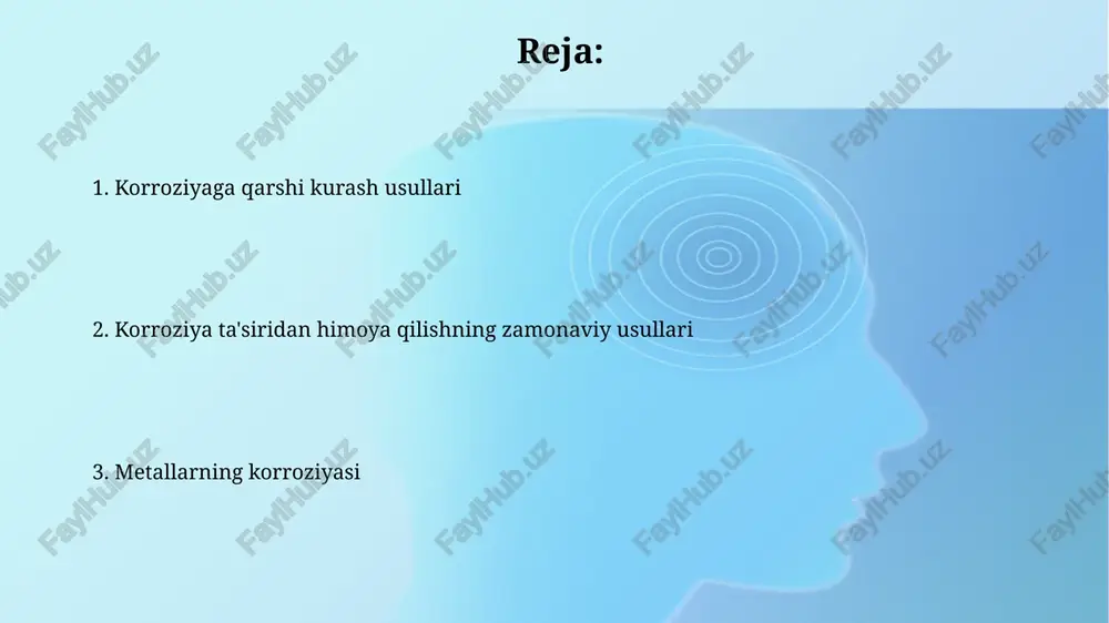 50 ppm oralig'ida qo'llaniladi. kimyoviy korroziya temirning kimyoviy korroziyasi natijasida hosil bo'lgan zang (fe2o3) ning hajmi temirdan taxminan 2,2 marta katta bo'lib, metall sirtining yorilishiga va korroziya jarayonining tezlashuviga olib keladi. kimyoviy korroziya reaksiyasi tezligi, metallning faolligi, elektrolitning konsentratsiyasi va temperatura kabi 3 ta asosiy omil bilan aniqlanadi. katod himoyasi himoya qilinadigan metall katod sifatida ishlaydi va tashqi tok manbai yordamida elektronlar oladi, shu bilan korroziya jarayonini to'xtatadi, samaradorligi 95% ga yetadi. katod himoyasi metall sirtini 0,8-1,2 v potentsial farqi bilan himoya qiladi, bu esa korroziya jarayonini sezilarli darajada susaytiradi va metallning umrini uzaytiradi. metallarning korroziyasi tushunchasi metallarning korroziyasi turli xil mexanizmlar orqali, jumladan, bir jinsli va notekis korroziya, shuningdek, pitting kabi maxsus shakllar orqali sodir bo'ladi, bu esa strukturaviy mustahkamlikni 50% gacha pasaytirishi mumkin. metallarning korroziyasi – bu metallarning atrof-muhit ta'siri ostida kimyoviy yoki elektrokimiyaviy reaksiyalar natijasida yo'qolishi jarayoni bo'lib, yiliga milliardlab dollar iqtisodiy zarar keltiradi. himoya qoplamalari elektrokimyoviy …
