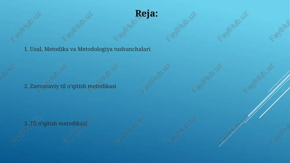 da o'rganishga yordam beradi. gumanistik til o'qitish metodologiyasi til o'rgatishda gumanistik metodologiya, 10 dan ortiq turdagi faoliyatlarni (rol o'ynash, munozara, hikoya tuzish) o'z ichiga oladi va o'quvchilarning shaxsiy tajribalariga asoslanadi. gumanistik metodologiya samaradorligini baholashda, o'quvchilarning emotsional holati va motivatsiyasi 30% ga teng ahamiyatga ega bo'lib, til ko'nikmalariga qaraganda birmuncha muhimroq hisoblanadi. til o'qitishning turli metodologiyalari til o'qitishda 21-asr talablariga javob beradigan innovatsion texnologiyalar, masalan, onlayn platformalar va mobil ilovalardan foydalanish o'quv samaradorligini 30% ga oshirishi mumkin. til o'qitishda kamida 5 xil kommunikativ yondashuv mavjud bo'lib, ular orasida vazifa-asoslangan o'qitish (tblt), kontent-asoslangan o'qitish (cblt) va kommunikativ til o'rganish (clt) kabi usullarni ajratib ko'rsatish mumkin. zamonaviy til o'qitish metodologiyalarining tendentsiyalari zamonaviy til o'qitishda kommunikativ kompetensiyani rivojlantirishga qaratilgan 3 ta asosiy yondashuv – vazifa-asoslangan, loyiha-asoslangan va hamkorlikdagi o'rganish – keng qo'llanilmoqda. o'quv jarayonida texnologiyalardan foydalanish, jumladan, onlayn platformalar va mobil ilovalar orqali 20% dan ortiq o'quv vaqtini qisqartirish imkoniyatini beradi. e'tiboringiz uchun rahmat …