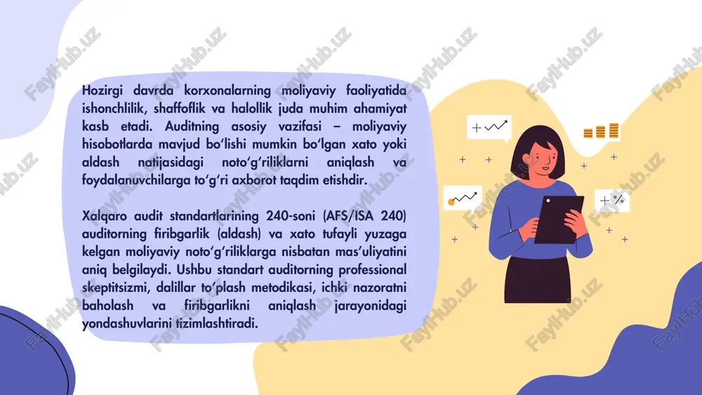 ni soxtalashtirish orqali foyda o‘zlashtirish. auditorning asosiy amaliy bosqichlari (afs 240 bo‘yicha) 1. firibgarlik xavfini aniqlash: auditor rahbariyat bilan suhbat o‘tkazadi, ichki nazorat tizimini o‘rganadi, moliyaviy ko‘rsatkichlarni tahlil qiladi. 2. firibgarlik xavfini baholash: • rahbariyat bosimi mavjudmi? • ichki nazorat tizimi yetarlimi? • shubhali tranzaksiyalar bormi? shu asosda xavf darajasi “yuqori”, “o‘rta” yoki “past” sifatida belgilanadi. 3. audit chora-tadbirlari ishlab chiqish: firibgarlik xavfi yuqori deb topilgan sohalarda qo‘shimcha testlar, hujjat tekshiruvlari va kuzatuvlar o‘tkaziladi. 4. dalillar to‘plash: hujjatlar, intervyular, tahliliy tekshiruvlar, mustaqil manbalardan olingan ma’lumotlar asosida auditorlik dalillari shakllantiriladi. 5. xulosalash: agar firibgarlik aniqlansa, auditor: • rahbariyatni ogohlantiradi; • zarur hollarda huquqni muhofaza qiluvchi organlarga ma’lumot beradi; • auditorlik hisobotida holatni aks ettiradi. firibgarlik uchburchagi (fraud triangle) afs 240 firibgarlik sabablari sifatida uchta asosiy omilni ajratadi: 1. bosim (pressure) – moliyaviy natijalarni oshirish, o‘z manfaatini himoya qilish bosimi. 2. imkoniyat (opportunity) – ichki nazoratning sustligi, rahbariyatning befarqligi. 3. asoslilik (rationalization) …