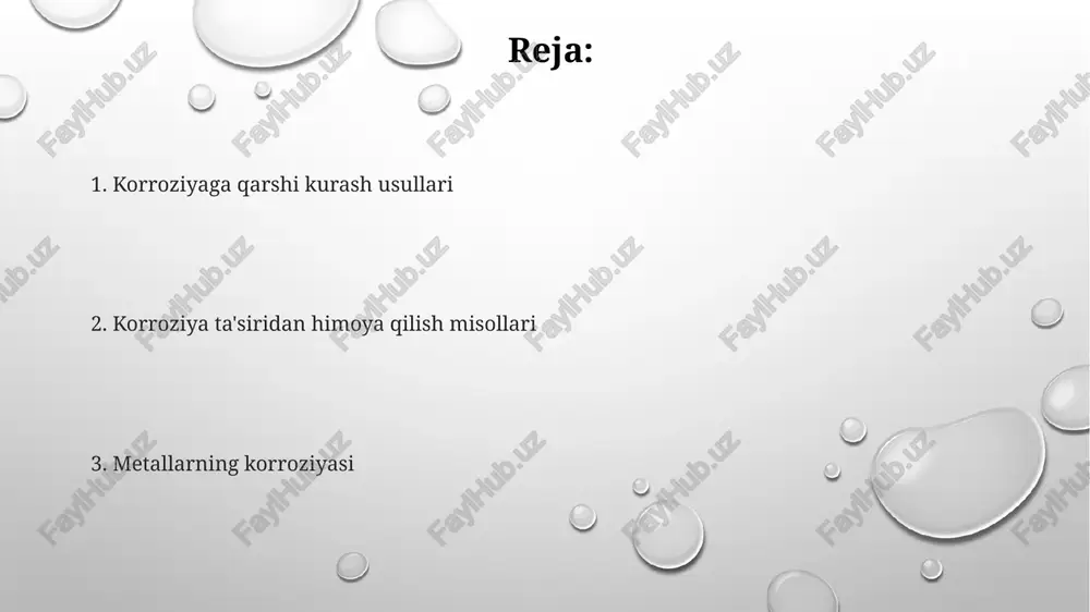 mkin, bu esa qurilish va sanoat xavfsizligiga jiddiy tahdid soladi. metall korroziyasi atrof-muhitga ham salbiy ta'sir ko'rsatadi, chunki 1 tonna po'latning korroziyasi natijasida 1,5 tonna karbonat angidrid havoga chiqadi. korroziya tufayli yiliga milliardlab dollar iqtisodiy zarar kelib chiqadi, chunki jihozlarning tez aşinishi va ta'mirlash xarajatlari ortadi. metallarning korroziyasi tushunchasi metallarning korroziyasi – bu metallarning atrof-muhit bilan oʻzaro taʼsiri natijasida yuzaga keladigan, ularning kimyoviy yoki elektrokimiyaviy buzilishi jarayoni boʻlib, yillik iqtisodiy zararlar milliardlab dollarni tashkil etadi. korroziya jarayonining tezligi turli omillarga, jumladan, metallning turi, atrof-muhitning agressivligi (ph, namlik darajasi) va harorat kabi parametrlarga bogʻliq boʻlib, 1 mm/yildan 10 mm/yilgacha oʻzgarishi mumkin. metallarning korroziyasini oldini olish yoki sekinlashtirish uchun turli usullar qoʻllaniladi, masalan, himoya qoplamalari (boʻyoqlar, metall qoplamalar) yordamida 80% gacha korroziya tezligini kamaytirish mumkin. korroziyaga qarshi kurash usullari korroziyani oldini olishning samarali usullaridan biri – metall sirtini 25-30 mikron qalinlikdagi bo'yoq qatlami bilan qoplash bo'lib, bu atmosfera ta'siridan himoya qiladi. anod …