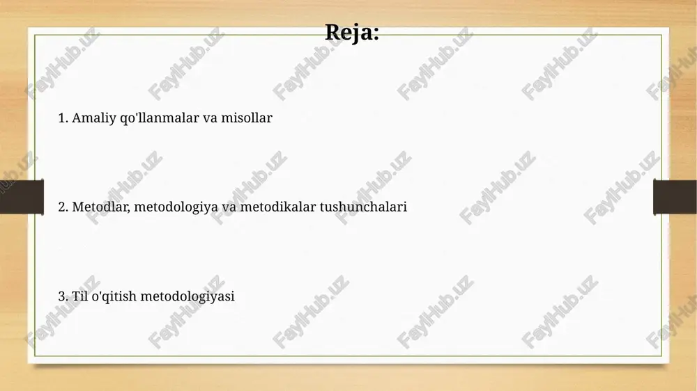arni, masalan, kommunikativ, kognitv, gumanistik va boshqalarni o'z ichiga oladi va 5 dan ortiq asosiy nazariy asoslarga ega. metodlardan samarali foydalanish uchun kamida 3 ta o'quvchi guruhiga moslashtirilgan 2 xil metodik qo'llanmani, har biriga 10 tadan mashqlarni o'z ichiga olgan holda ishlab chiqish zarur. kommunikativ til o'qitish usuli kommunikativ til o'qitish usuli turli xil didaktik materiallar, jumladan, audio va video yozuvlar, rol o'ynash o'yinlari va muloqotga yo'naltirilgan 10 dan ortiq turdagi mashqlarni qo'llashni o'z ichiga oladi. ushbu usulda, taxminan 70% dars vaqti o'quvchilarning faol ishtirokini ta'minlaydigan muloqotga, 30% esa grammatika va lug'atga bag'ishlanadi, ya'ni amaliyot nazariyadan ustun turadi. grammatik-tarjima usuli ushbu usulda lug'at boyligi 20-30% ga ortadi, lekin kommunikativ ko'nikmalarni rivojlantirish zaif tomon hisoblanadi. "grammatik-tarjima usuli"da 4 bosqichli jarayon qo'llaniladi: tushuntirish, tarjima, mashq bajarish va mustaqil ish, bu o'quvchilarning grammatik bilimlarini mustahkamlashga xizmat qiladi. vazifa asosidagi til o'qitish usuli “vazifa asosidagi til o'qitish usuli”da o'quvchilarga 5-7 ta kichik vazifalar beriladi, …