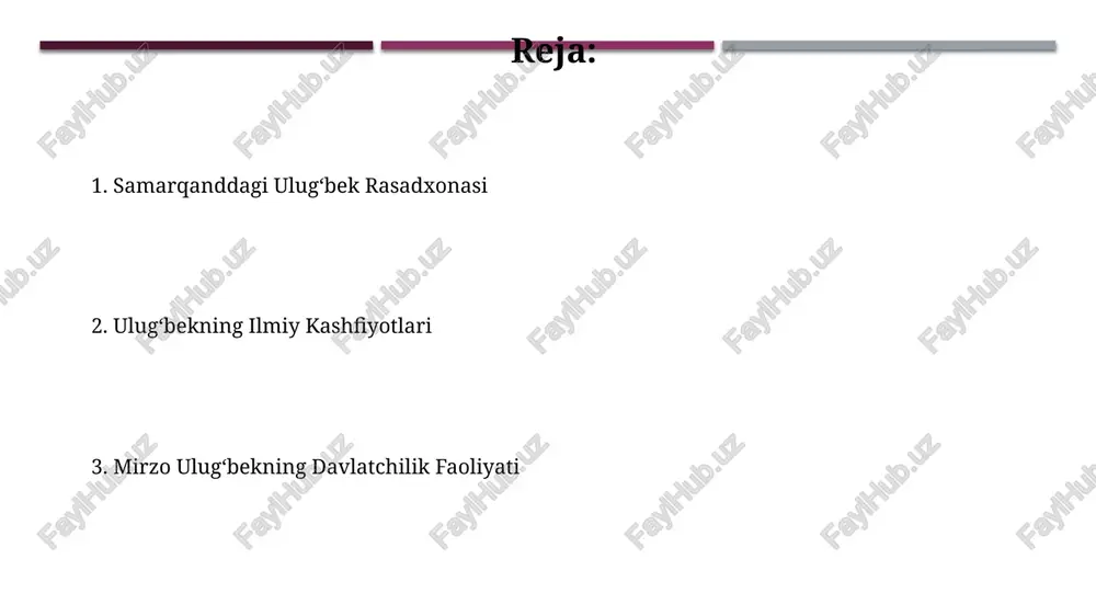 qo'lyozma asarlarni saqlagan bo'lib, ular ilmiy, adabiy va falsafiy asarlardan iborat edi, bu o'rta osiyodagi intellektual hayotning yuksalishini ko'rsatadi. ulug'bek davrida arxitekturada ham yuksalish kuzatildi, xususan, registondagi go'ri amir mavzoleyi kabi muhtasham inshootlar bunga yaqqol misol bo'lib, bu erda hunarmandlar, me'morlarning yuqori mahorati namoyon bo'lgan. ulug‘bek rasadxonasi va uning ahamiyati rasdxonada yaratilgan "ziji kuragoniy" astronomik jadvali 1000 yildan ortiq vaqt davomida astronomlar uchun muhim manba bo'lib xizmat qilgan. ulug'bek rasdxonasining qurilishida yuqori darajadagi matematik va astronomik bilimlardan, shu jumladan, trigonometriyadan foydalanilgan. mirzo ulug‘bekning hayot yo‘li ulug‘bek 1406-yilda tug‘ilib, 1449-yilda o‘ldirilgan, samarqanddagi jahon miqyosidagi rasadxonasini qurdirib, astronomiya sohasiga ulkan hissa qo‘shgan. ulug‘bek nafaqat astronom, balki matematik, tarixchi va davlat arbobi ham bo‘lib, 1411-yildan 1449-yilgacha movarounnahrni boshqargan. ulug‘bek haqida afsonalar va rivoyatlar ulugʻbekning samarqanddagi rasadxonasi 1420-yillarda qurilgan boʻlib, oʻsha davrning eng yirik astronomik markazi hisoblangan va unda 100 dan ortiq olimlar faoliyat yuritganligi haqida rivoyatlar mavjud. ulugʻbekning "ziji-sultoniy" asari 1000 dan ortiq …
