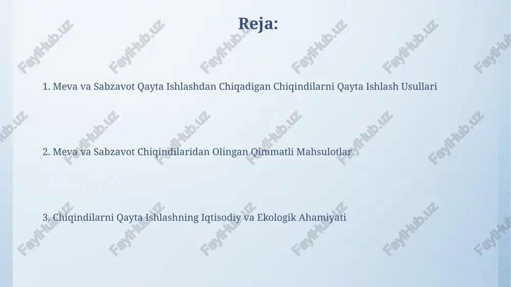 izni kamaytiradi. chiqindilarni qayta ishlashdan iqtisodiy foyda meva-sabzavot qayta ishlash chiqindilaridan biogaz ishlab chiqarish yillik 1000 m³ biogaz olish imkonini beradi, bu esa 5000 kwh elektr energiyasi yoki 7000 m³ tabiiy gazni tejashga teng keladi. qayta ishlangan meva-sabzavot chiqindilaridan olingan kompost o'g'it sifatida ishlatilishi tuproq unumdorligini 20-30% ga oshirib, qishloq xo'jaligi mahsulotlarining hosildorligini sezilarli darajada yaxshilaydi. biogaz ishlab chiqarish biogaz reaktori optimal ishlashi uchun substratning optimal nisbati va namlik darajasi (masalan, 60-70%) muhim ahamiyatga ega bo'lib, biogaz hosildorligini oshiradi. 1 kg meva-sabzavot chiqindilaridan o'rtacha 0,2-0,3 m³ biogaz olish mumkin bo'lib, bu esa organik chiqindilarni qayta ishlashning samarali usuli hisoblanadi. kompostlash texnologiyalari biofermentatsiya usulida, bakteriyalar va zamburug'lar faolligini oshirish uchun, optimal namlik darajasi (50-60%) va c/n nisbati (25-35) muhim ahamiyatga ega. aerob kompostlash usulida kislorod yetkazib berish intensivligi, optimal darajada (1-2 m³/tonna/soat) bo'lishi, parchalanish jarayonini tezlashtirib, yoqimsiz hidlarning hosil bo'lishini kamaytiradi. qadoqlash materiallarini qayta ishlash qog'oz va karton qadoqlash materiallarini qayta …
