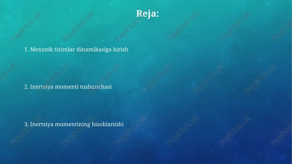 a ega mexanik tizim uchun n ta harakat tenglamasi tuziladi, har bir tenglama tizimning alohida koordinatasiga mos keladi va massalar, kuchlar va momentlarni o'z ichiga oladi. lagrange usuli yordamida, mexanik tizimlarning harakat tenglamalarini umumiy koordinatalar orqali, potensial va kinetik energiyalarni hisobga olgan holda, o'zgaruvchanlar sonini kamaytirish orqali tuzish mumkin. parallel o'q teoremasi parallel o'q teoremasiga ko'ra, murakkab shaklning inersiya momenti, uning massasi markazidan o'tuvchi asosiy o'q atrofidagi inersiya momentiga va massaning markazdan yangi o'qqa bo'lgan masofaning kvadratiga bog'liq bo'lgan qo'shimcha a'zo qo'shib topiladi. parallel o'q teoremasi ikkita parallel o'q atrofidagi inersiya momentlari orasidagi bog'liqlikni aniqlaydi va hisob-kitoblarni soddalashtiradi, masalan, murakkab geometrik shakllar uchun inersiya momentini hisoblashda 2 dan 5 baravar tezroq hisoblash imkonini beradi. har xil shakllar uchun inertsiya momentlari har xil geometrik shakllar uchun inertsiya momenti ularning massasi taqsimlanishiga bog'liq bo'lib, masalan, yupqa halqa uchun i = mr², bu yerda m massa, r radiusdir. murakkab shakllar uchun inertsiya momentini …