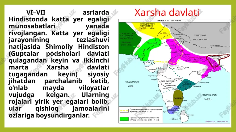 i asrning ikkinchi yarmidagina qaytadan boshlangan. bu safargi hujum ilgarigi hujumlardan qattiq bo’lgan. kuchli gaznaviylar davlatining vujudga kelishi yangi hujumlar uchun zamin tugdirib bergan. sulton mahmud gaznaviy (998–1030) sharqiy eron va afg’oniston yerlarini, 1017- yildan e'tiboran esa amudaryoning shimolidagi yerlarni, ya'ni buxoroni ham o’z qo’l ostiga kiritib olgan. podsholik davri mobaynida u shimoliy hindistonga 17 marta yurish qilgan. hindiston shaharlari musulmonlar tomonidan qattiq talangan. mahmud g’aznaviy bu yurishlardan shimolga o’n minglab erkak va ayollarni asir qilib haydab ketgan, mamlakatni, ayniqsa hind ibodatxonalarini talab, oltin, kumush, qimmatbaho toshlarni olib ketgan. g’azna shahri muhtasham binolar bilan bezalgan, bu binolarning kopini hindiston me'morlari barpo etishgan. dehli sultonligi. 1206- yilda gazna sultonligidan mustaqil bo’lib olgan dehli sultonligi xiii – xiv asrlar davomida ancha katta davlat sifatida yashagan. dehli sultonligi xiii asr oxiri – xiv asr boshlarida kengaygan bo’lib, bu vaqtda uning tarkibiga shimoliy hindistondan tashqari, markaziy hindiston viloyatlari va dekan yassi togligidagi kopchilik davlatlar …