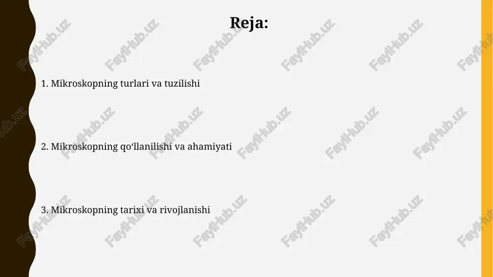 vvatiga ega bo'lib, ob'ektiv linzalardan olingan tasvirni yana kattalashtirib, kuzatuvchi uchun qulay ko'rinish hosil qiladi. optik mikroskop ko'pgina optik mikroskoplar koehler yoritish tizimidan foydalanadilar, bu esa yorug'lik manbasini teng ravishda tarqatish orqali tasvir sifatini yaxshilaydi va 100x kattalashtirishda ham aniqlikni ta'minlaydi. optik mikroskoplarda ishlatiladigan obyektiv linzalar odatda 4x, 10x, 40x va 100x kattalashtirish quvvatiga ega bo'lib, ularning har biri turli xil kattalashtirish darajalarini ta'minlaydi. mikroskopning qo'llanilishi mikroskoplar tibbiyotda 1000x gacha kattalashtirish imkoniyatini taqdim etib, hujayra tuzilmalarini, bakteriyalarni va viruslarni aniqlashda muhim rol o'ynaydi, diagnostika va davolash jarayonlarini yaxshilaydi. materialshunoslikda mikroskoplar, 10 nm dan kam bo'lgan tuzilmalarni kuzatish orqali, yangi materiallarni ishlab chiqarish va ularning xossalarini o'rganishda muhim ahamiyatga ega. mikroskop bilan ishlash texnikasi mikroskop bilan ishlashdan avval va keyin, objektiv linzalarni va okulyar linzalarni maxsus linza tozalovchi peçete yordamida ehtiyotkorlik bilan tozalash, asbobning uzoq muddatli ishlash muddatini ta’minlaydi. mikroskopning 4x, 10x va 40x kabi ob’ektiv linzalari bilan ishlaganda, preparatni fokuslashda …
