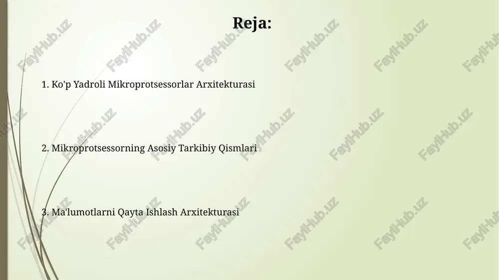 ni oshiradi. keshlash (caching) mexanizmi keshlash tizimi ma'lumotlarga tezroq kirishni ta'minlash uchun protsessor va asosiy xotira o'rtasida tezkor xotira buferidan foydalanadi, odatda 1-64 kb hajmdagi l1 va l2 keshlari mavjud. keshlashning bir necha darajalari (multilevel caching) qo'llaniladi, l1 keshi eng tezkor va kichik, l3 esa sekinroq va katta hajmdagi ma'lumotlarni saqlaydi, bu umumiy samaradorlikni oshiradi. zamonaviy mikroprotsessor arxitekturalari 10nm va undan kichik texprotsess texnologiyalari zamonaviy mikroprotsessorlarda ishlatilib, milliardlab tranzistorlarni bitta kristallga joylashtirish imkonini beradi, bu esa ishlash tezligini va funktsionalligini oshiradi. zamonaviy mikroprotsessorlarda 8 yadroli va undan ko'p yadroli arxitekturalar keng tarqalgan bo'lib, parallel ishlash imkoniyatini 2-4 barobar oshiradi va bundagi energiya samaradorligi ham muhim ahamiyatga ega. registrlar va ularning turlari mikroprotsessorlarda 8 dan 32 bitgacha bo'lgan turli xil hajmdagi registrlardan foydalaniladi, bu esa ma'lumotlarni qayta ishlash tezligini va samaradorligini belgilaydi. ba'zi arxitekturalarda, floating-point arifmetik operatsiyalari uchun alohida 8 ta yoki undan ko'p floating-point registrlari mavjud bo'ladi. alu (arifmetik-mantiqiy qurilma) …