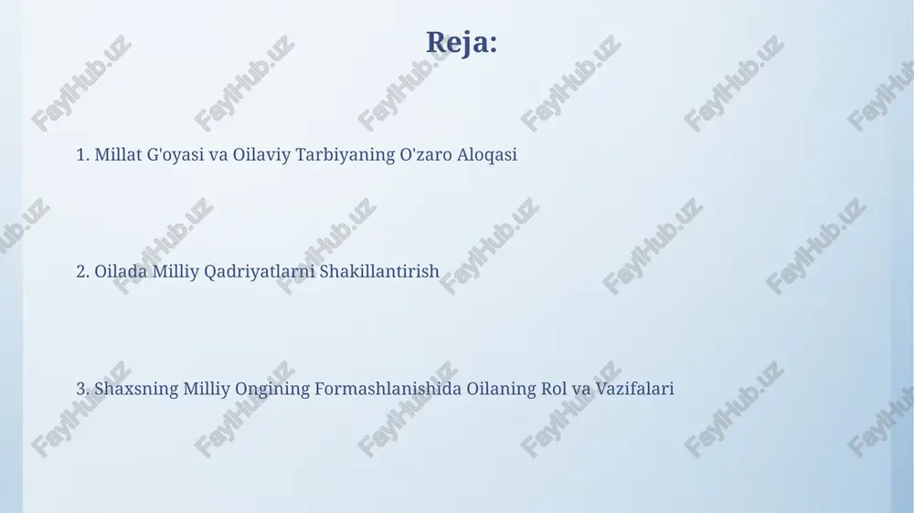 an yoshlarni vatanparvarlik, milliy qadriyatlar va istiqlol g'oyalariga asoslangan tarbiya jarayonlarini o'z ichiga oladi, bu jarayonlarda 70% amaliy mashg'ulotlar qo'llaniladi. davlat tomonidan amalga oshirilayotgan milliy g'oya tarbiyasi dasturlari, o'rtacha 80% o'quvchilarning milliy ong-tafakkurining shakllanishiga ijobiy ta'sir ko'rsatadi va ularning fuqarolik pozitsiyasini mustahkamlaydi. bolaning shaxsiy rivojlanishi va milliy g'oya bolalik davrida olingan milliy g'oya ta'limi, o'smirlik davrida 2-3 baravar yuqori ijtimoiy moslashuvchanlik va milliy ongning shakllanishiga olib keladi. milliy qadriyatlarni singdirishda ona tili va adabiyotining ahamiyati 85% ni tashkil qiladi, bu bolaning shaxsiy rivojlanishi va milliy ongning mustahkamlanishiga bevosita ta'sir qiladi. an'analar va urf-odatlarning roli an'analar va urf-odatlar, oilada kamida 3 avlod davomida uzluksiz takrorlanib kelayotgan 10 dan ortiq qadriyatlar va xulq-atvor me'yorlarini o'z ichiga olib, milliy g'oya shakllanishida muhim rol o'ynaydi. urf-odatlarning 20% dan ortig'i oilaviy munosabatlarga bevosita ta'sir etib, o'zaro hurmat, mehr-oqibat va hamjihatlik kabi ijtimoiy-psixologik omillarni shakllantirishda hal qiluvchi ahamiyatga ega. milliy g'oya va kelajak avlod kelajak avlodning …