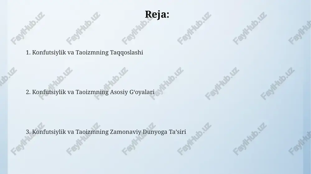 ) orqali o'z-o'zini bilishga va hayotning tabiiy oqimiga ergashishga chaqiradi. konfutsiylik va taoizm o'zaro farq qilsa-da, ikkalasi ham xitoy madaniyatiga va falsafiy tafakkuriga 2000 yildan ortiq ta'sir ko'rsatgan va bugungi kungacha o'z ahamiyatini saqlab kelmoqda. xulosa va xulosalar konfutsiylik va taoizm ta'limotlarining asosiy farqlarini 3 ta asosiy nuqtada umumlashtirish, ularning ijtimoiy tuzumga ta'sirini 2ta misol bilan ko'rsatish mumkin. ikki falsafa bo'yicha 10 ta manbani tahlil qilib, ularning axloqiy va ma'naviy qarashlarining o'xshash va farqli jihatlarini 5ta jadvalda umumlashtirish maqsadga muvofiqdir. konfutsiylikdagi 5 ta doimiy munosabat (ota-bola, hukmdor-xalq, katta-kichik va h.k.) va taoizmning tabiatga uyg'unlik tamoyillarini solishtirish orqali xulosalar chiqarish mumkin. konfutsiylik va taoizmning jamiyatga ta'siri konfutsiylikning ta'siri natijasida xitoyda 2000 yildan ortiq davom etgan byurokratik davlat apparati shakllanib, davlat xizmatchilari tanlovi meritokratik prinsiplarga asoslangan. konfutsiylik va taoizmning birgalikdagi ta'siri natijasida osiyo madaniyatida 5 asrdan ortiq vaqtdan beri insonlararo munosabatlarda ijtimoiy harmoniyaga intilish kuzatilmoqda. taoizmning tabiatga uyg'unlik g'oyalari ekologik ongni shakllantirishga, …