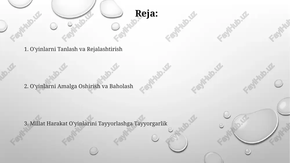 il qilinishi lozim. tadbirni yakunlashda 5-10 daqiqa vaqt ajratib, ishtirokchilarning fikrlari va takliflarini eshitish, ularning faolligini rag'batlantirish muhim. o'yin maydonchasini tayyorlash maydonchaning tuprog'i tekis va xavfsiz bo'lishi, unda chuqurliklar, teshiklar yoki loyqa joylar bo'lmasligi kerak. yumshoq qumli yoki o'tloqli joylar afzalroq, taxminan 5 sm chuqurlikdagi teshiklar mumkin emas. maydonchaga 10 dan kam bo'lmagan to'siqlar, masalan, konuslar yoki belgilovchi tayoqchalar o'rnatish, harakatlanish yo'nalishlarini aniqlash uchun zarur. ularning o'rnatilish masofasi kamida 3 metr bo'lishi kerak. o'yin maydonchasini belgilash uchun kamida 20x20 metr maydon kerak bo'lib, uni markirovkalar yordamida 4 ta teng qismga bo'lish mumkin. har bir qismning o'lchamlari va chegaralari aniq ko'rsatilishi lozim. iste'dodli bolalarni aniqlash iste’dodli bolalarning aniqlanishida, 100 dan ortiq bolani qamrab oluvchi katta miqyosli dasturda, har bir bolaning 5 ta asosiy motorik ko‘nikmalarini baholovchi 5 ballli shkala qo‘llanishi samarali hisoblanadi. “iste’dodli bolalarni aniqlash”da 5 yoshdan 10 yoshgacha bo‘lgan bolalarning jismoniy tayyorgarlik darajasi, tezligi, chaqqonligi va muvozanat kabi ko‘rsatkichlarini baholash …