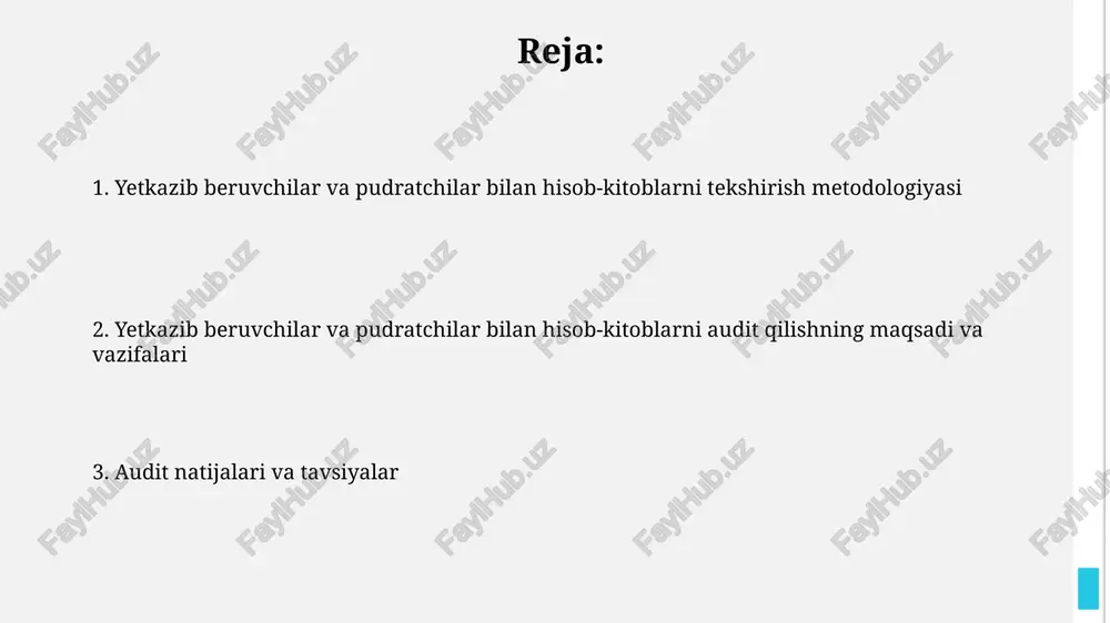 uyurtma berish, to'lovlarni amalga oshirish va hisobot berish) tahlil qilish va ularning 5 ta asosiy ko'rsatkichga (vaqt, xarajatlar, sifat, xavfsizlik va muvofiqlik) mos kelishini tekshirish kerak. auditorlar ichki nazorat tizimini baholashda, kamida 20 ta namunaviy bitimlarni tekshirib, ularning to'g'riligi va hujjatlarning to'liqligi bo'yicha 95% aniqlik darajasini ta'minlashlari kerak. bu tizimning ishonchliligini baholashga yordam beradi. tavsiyalar yillik shartnomalar va to'lovlarning 20% dan ortig'i kechiktirilgan bo'lsa, ta'minotchilar va pudratchilar bilan muloqotni yaxshilash va to'lov jarayonlarini optimallashtirish bo'yicha chora-tadbirlar rejasini ishlab chiqish tavsiya etiladi. hisob-kitoblarni tekshirishda elektron hujjat aylanishini qo'llash va kamida 5 ta asosiy ko'rsatkich bo'yicha avtomatlashtirilgan tahlil o'tkazish orqali xatoliklarni aniqlash samaradorligini oshirish mumkin. aniqlangan kamchiliklar tekshiruv davomida 8 ta ta'minotchi bilan tuzilgan shartnomalarda narxlarning asoslanmaganligi va bozor narxlaridan yuqori ekanligi aniqlandi. aniqlangan kamchiliklarning 25%i to'lov hujjatlarining to'liq bo'lmaganligi va shartnomalarga mos kelmasligidan kelib chiqqan. sifatni nazorat qilish yetkazib beruvchilar bilan 100 dan ortiq shartnomalar bo'lsa, namunaviy tekshiruv usuli qo'llaniladi, bu …