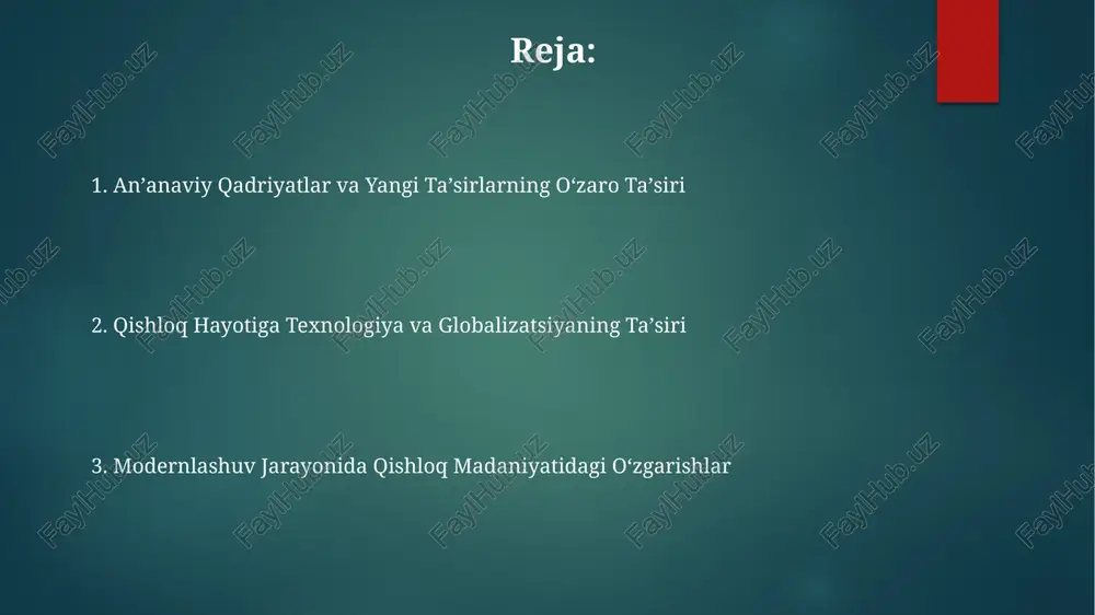 ing yetishmovchiligiga va qishloq iqtisodiyotining sustlashuviga olib keldi. modernizatsiya jarayonida qishloq madaniyatini rivojlantirish yo'llari qishloq xo‘jaligini diversifikatsiya qilish va qayta ishlash sanoatini rivojlantirish orqali 30% ga qadar qishloq aholisining daromadlarini oshirish va madaniy tadbirlarga sarflanadigan mablag‘larni ko‘paytirish mumkin. zamonaviy axborot-kommunikatsiya texnologiyalarini (akt) qishloq joylariga jadal joriy etish orqali 2025 yilga qadar 50% ga yaqin aholini internetga ulash va onlayn ta’lim, sog‘liqni saqlash va boshqa xizmatlarga kirish imkoniyatini yaratish mumkin. madaniy meros obyektlarini turizm yo‘nalishiga aylantirish va yillik 10% ga sayyohlar sonini oshirish orqali qishloq aholisining turmush darajasini va madaniy faoliyatini yaxshilash mumkin. qishloq turizmining rivojlanishi qishloq turizmi 2010-yildan beri o'zbekistonda 20% dan ortiq o'sish sur'atlarini ko'rsatdi, bu esa mahalliy iqtisodiyotga sezilarli hissa qo'shdi va yangi ish o'rinlarini yaratdi. millatlararo turizm agentliklari hisobotlariga ko'ra, qishloq turizmi o'zbekistonning yillik turizm daromadlariga 15% ga yaqin ulush qo'shmoqda, bu esa investitsiyalarni jalb qilishni rag'batlantiradi. qishloq turizmining rivojlanishi tufayli 50 dan ortiq qishloq xo'jaligi mahsulotlarini …