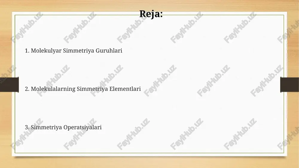 i mumkin. masalan, c₃ guruhi uchta teng qirrali uchburchakka ega bo'lgan molekulalarda uchraydi. cₙ guruhlari molekulani o'z o'qi atrofida 360°/n burchakka burilganda o'zgarmas qoladigan simmetriya elementidir, bu yerda n – bu butun son va aylanish tartibidir. cₙ guruhlarining mavjudligi molekulaning dipol momenti va boshqa fizik xususiyatlarini aniqlashda muhim rol o'ynaydi. masalan, c₂ guruhiga ega bo'lgan molekulalar dipol momentiga ega bo'lishi mumkin emas. identifikatsiya elementi (e) identifikatsiya elementi (e) barcha molekulalar uchun mavjud boʻlib, u molekulaning oʻziga mos keluvchi harakatsiz holatini ifodalaydi va 1 ta simmetriya operatsiyasini oʻz ichiga oladi. e elementi, molekulaning barcha atom va bogʻlarining dastlabki holatini saqlab qolgan holda, hech qanday oʻzgarishlarni amalga oshirmaydi, shuning uchun u birlik matritsa sifatida tasvirlanadi. e elementi simmetriya guruhlaridagi barcha simmetriya operatsiyalari bilan kommutativ boʻlib, koʻpaytma jadvalida birinchi oʻrinni egallaydi va guruh nazariyasida neytral element vazifasini bajaradi. simmetriya tekisligi (σ) σd tekisligi esa ikkita c n aylanish oʻqi orasidan oʻtadi va dihedral …