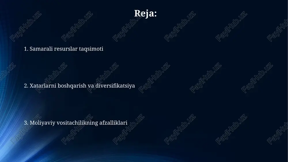 narxlarning shaffofligini ta'minlaydi. samarali resurslar taqsimoti samarali portfel diversifikatsiyasi orqali investorlarning 30% gacha bo'lgan xavfini kamaytirish va 15% gacha daromad olish imkoniyati mavjud. moliyaviy vositachilar, 5000 ta kichik tejash hisoblarini birlashtirib, yirik loyihalarni moliyalashtirish uchun kerakli kapitalni yig'ishga yordam beradi. moliyaviy vositachilik orqali 100 ta kichik biznesga 1 million aqsh dollari miqdorida kreditlar taqsimlash, bevosita investitsiyalashga nisbatan 20 barobar samaraliroq bo'ladi. likvidlikni oshirish banklar va boshqa vositachilar mijozlarga 5-15% gacha yuqori foiz stavkalari bilan tezkor kreditlarni taqdim etib, likvidlikni oshiradi. moliyaviy vositachilar orqali kichik bizneslar 10% gacha ko'proq likvidlikka ega bo'lib, qisqa muddatli mablag'larga tezroq kirish imkoniyatiga ega bo'ladilar. investitsiya fondlari va pensiya jamg'armalari kabi vositachilar orqali 20% gacha diversifikatsiya qilingan portfel yaratish mumkin, bu esa likvidlikni oshirishga yordam beradi. axborotning asimmetriyasini kamaytirish kichik va o'rta bizneslar uchun moliyaviy vositachilar, masalan, mikro moliya tashkilotlari, 1000 dan ortiq ariza beruvchilarning ma'lumotlar bazasini to'playdi va 80% ga yaqin darajada axborotning asimmetriyasini kamaytiradi, …