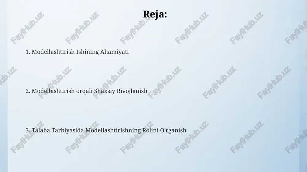 yoshdagi bolalarga kichik guruhlarda, 2-3 kishilik loyihalar orqali hamkorlik qilishni o'rgatish samarali. bu ularning muloqot va muammo yechish qobiliyatlarini rivojlantiradi. motivatsiyani oshirish ijtimoiy-emotsional rivojlanishga ijobiy ta'sir ko'rsatib, modellashtirish o'quvchilarning o'ziga bo'lgan hurmatini 30% ga oshirish va salbiy xatti-harakatlar sonini kamaytirish imkonini beradi. o'qituvchining muvaffaqiyatli modellashtirishi o'quvchilarda 25% ga yaqin o'ziga ishonchni va o'z imkoniyatlariga ishonchni oshirib, akademik natijalarni yaxshilaydi. modellashtirish orqali o'quvchilarning 70% gacha faol ishtirokini va mustaqil o'rganishga bo'lgan qiziqishini oshirish mumkin, bu esa o'z-o'zini boshqarish ko'nikmalarini rivojlantiradi. o'ziga ishonchni kuchaytirish modellik ishlari, bolaning o‘ziga bo‘lgan ishonchini 20% gacha oshirishi mumkin, bu esa uning muvaffaqiyat darajasini sezilarli darajada yaxshilaydi. bolalarning 70% gacha modellik ishlari orqali o‘z qobiliyatlarini aniqlab, ularni rivojlantirishga undaydi va shu orqali o‘ziga bo‘lgan ishonchini mustahkamlaydi. o‘ziga ishonchning 5ta asosiy elementida – ijtimoiy ko‘nikmalar, o‘z-o‘zini anglash, akademik yutuqlar, jismoniy salomatlik va emotsional barqarorlikda – modellikning ijobiy ta'siri kuzatiladi. modellashtirishning ta'limdagi o'rni ta'limda samarali modellashtirish strategiyasini qoʻllash, o'quvchilarning …