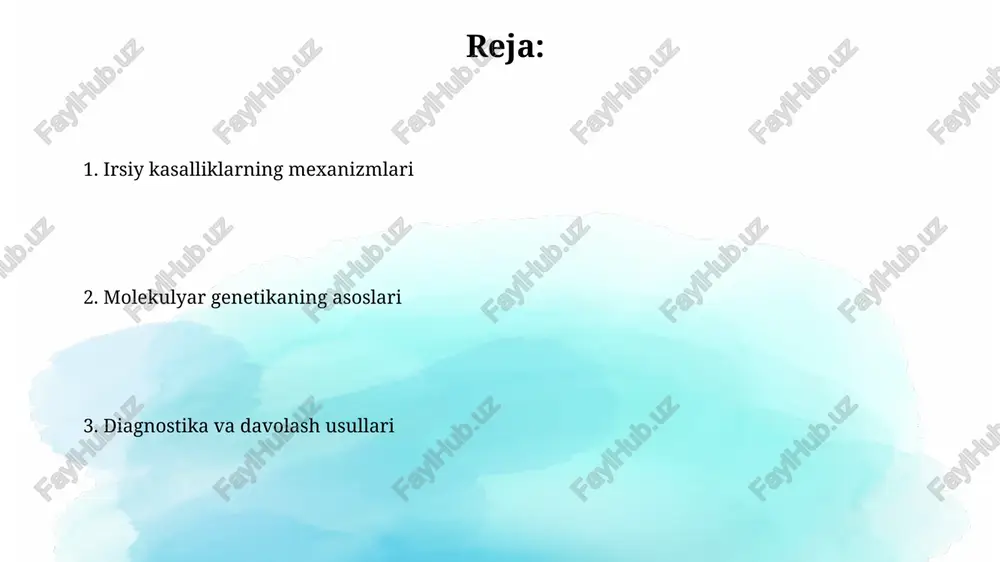 — adenin (a), guanin (g), sitozin (c) va timin (t) dan tashkil topgan boʻlib, ular oʻzaro vodorod bogʻlari orqali birikadi. genetik kod genetik kodning degeneratsiyasi xususiyati tufayli, bir nechta kodonlar bir xil aminokislotani kodlashi mumkin, bu esa mutatsiyalarning ta'sirini yumshatishi mumkin. genetik kod 64 ta kodon (triplet)dan iborat bo'lib, har biri 3 ta nukleotidga ega va 20 ta aminokislotani kodlaydi, bu esa oqsil sintezida muhim rol o'ynaydi. dnk replikatsiyasi okazaki fragmentlari deb nomlangan qisqa dnk parchalarining sintezlanishi orqali orqaga yo'naltirilgan ipning replikatsiyasi amalga oshiriladi, bu jarayon 100-200 nukleotid uzunlikdagi bo'laklarni hosil qiladi. dnk replikatsiyasi jarayonida ikki qo'shimcha ferment, to'g'rilash fermentlari va ligaza fermenti ishtirok etadi, bu esa xatoliklar sonini 10⁹ bazaga 1 tadan kamroq qilib kamaytiradi. autosomal dominant kasalliklar ache (atsetilxolinesteraza) genidagi mutatsiyalar avtosomal dominant tarzda meros bo'lib, mushaklarning relaksatsiyasi vaqtida nafas olishning susayishi kabi jiddiy asoratlarga olib kelishi mumkin. marfan sindromi – avtosomal dominant kasallik bo'lib, fbn1 geni mutatsiyasi …