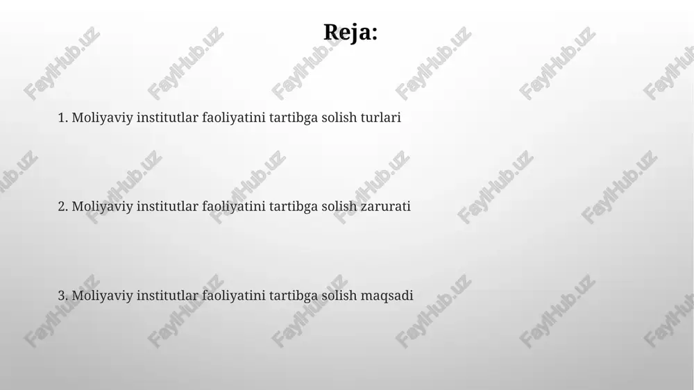 i (kapital koeffitsienti) kabi ko'rsatkichlar orqali ularning moliyaviy barqarorligini ta'minlash uchun 1-toifa va 2-toifa banklar uchun alohida tartibga solish mexanizmlari qo'llaniladi. to'lov tizimlarini tartibga solish, ya'ni 24/7 ishlashga qodir bo'lgan tizimlarni xavfsizlik va ishonchlilik jihatidan nazorat qilish, 100% elektron to'lovlarni amalga oshirish uchun maxsus qoidalar va me'yorlarni o'z ichiga oladi. raqobat muhitini yaratish sog'lom raqobat muhitini shakllantirish uchun, kamrivojlangan sektorlarga 20% dan ortiq subsidiya va imtiyozlar berish yo'li bilan kichik va o'rta korxonalar uchun moliyaviy resurslarni yanada kengaytirish lozim. raqobat darajasini baxolash uchun 5 ballik shkalada, banklarning kredit berish stavkalari, xizmat turlari va mijozlarga xizmat ko'rsatish sifatini tahlil qilish zarur. moliyaviy barqarorlikni ta'minlash moliyaviy tizimning barqarorligini saqlash uchun, markaziy bank tomonidan likvidlikni boshqarish orqali, kredit tashkilotlarining qisqa muddatli mablag'larga bo'lgan ehtiyojini qondirish va 10-15% oralig'ida rezerv talablarini qo'llash amalga oshiriladi. moliyaviy barqarorlikni ta'minlashda banklarning kapital yetarliligi nisbati (kapital adekvatligi) muhim rol o'ynaydi, minimal talab 8% atrofida belgilanadi va bu banklarning …