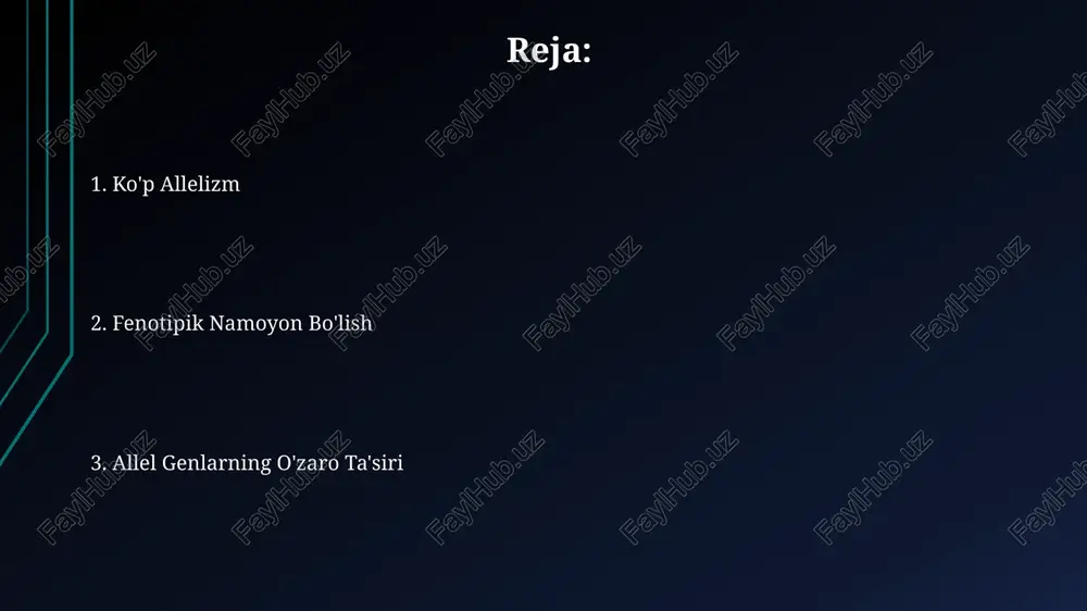 ylashgan bo'lib, 1:2:1 nisbatida emas, balki 1:2:1 nisbatida kuzatiladi. to'liq bo'lmagan dominantlikda allellar bir-birini to'liq bostirmaydi, natijada yangi, ota-ona fenotiplaridan farq qiluvchi oraliq fenotip hosil bo'ladi; masalan, 1:2:1 nisbatida qizil, pushti va oq gullar. pleyotropiya pleiotropik ta'sirlar genetik kasalliklarning murakkab klinik manzarasini tushuntirishga yordam beradi, chunki 1 gen mutatsiyasi organizmning turli xil qismlariga ta'sir qilishi mumkin, natijada ko'plab alomatlar yuzaga keladi. pleiotropiya organizm rivojlanishining ko'pgina jihatlariga ta'sir qilishi mumkin va shu sababli evolyutsion o'zgarishlar va tabiiy seleksiyada muhim rol o'ynaydi, chunki 1 genning o'zgarishi organizmning moslashuvchanligiga sezilarli ta'sir ko'rsatishi mumkin. to'la dominantlik toʻla dominantlikda, geterozigota (aa) fenotipi dominant allel (a)ga ega gomozigota (aa) bilan bir xil boʻlib, retsessiv allel (a)ning ta'siri mutlaqo yashiringan holatni ifodalaydi. toʻla dominantlik 1:2:1 genotiplar nisbati bilan, 3:1 fenotiplar nisbati bilan namoyon boʻladi, bu mendeldan meros qolgan xususiyatlarga xosdir. ko'p allelizmning inson salomatligidagi ahamiyati ko'p allelizm, hla genlari (inson leykotsit antigenlari) kabi immunitet tizimining genlarida turli …