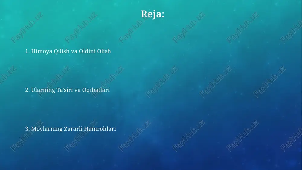 er, oʻsimliklarning fotosintez jarayoniga salbiy taʼsir koʻrsatib, hosildorlikni 10-20% ga kamaytiradi. oʻsimlik zararkunandalari moylaga hujum qiluvchi ba'zi zararkunandalar, masalan, poya yeydigan tırtıllar, oʻsimlikning 30% gacha hosilini yoʻq qilishi mumkin, bu esa iqtisodiy jihatdan katta zarar keltiradi. oʻsimlik zararkunandalari orasida 100 dan ortiq turdagi hasharotlar, jumladan, shira, trips va oʻrgimchak kanasi kabi zararkunandalar mavjud boʻlib, ular moylaga katta zarar yetkazishi mumkin. toksinlar va kimyoviy moddalar moylar bilan birga uchraydigan ba'zi kimyoviy birikmalar, masalan, fenollar va benzol kabi moddalar, hujayralar darajasida o'zgarishlarni keltirib chiqaradi va onkogenik ta'sirga ega bo'lishi mumkin. kimyoviy moddalarning 15% ga yaqini moylar bilan birga uchrab, ularning toksik ta'sirini kuchaytiradi va organizmga qo'shimcha salbiy ta'sir ko'rsatadi, bu esa og'ir asoratlarga olib kelishi mumkin. qoʻziqorin kasalliklari moylarning qoʻziqorin kasalliklariga chalinish darajasi oʻsimlikning genetik xususiyatlariga, iqlim sharoitlariga va agrotexnik tadbirlarning sifatiga bogʻliq boʻlib, 70% ga yetishi mumkin. qoʻziqorin kasalliklari, masalan, fitoftora, 100 dan ortiq oʻsimlik turlariga, shu jumladan moylarga ham, salbiy …