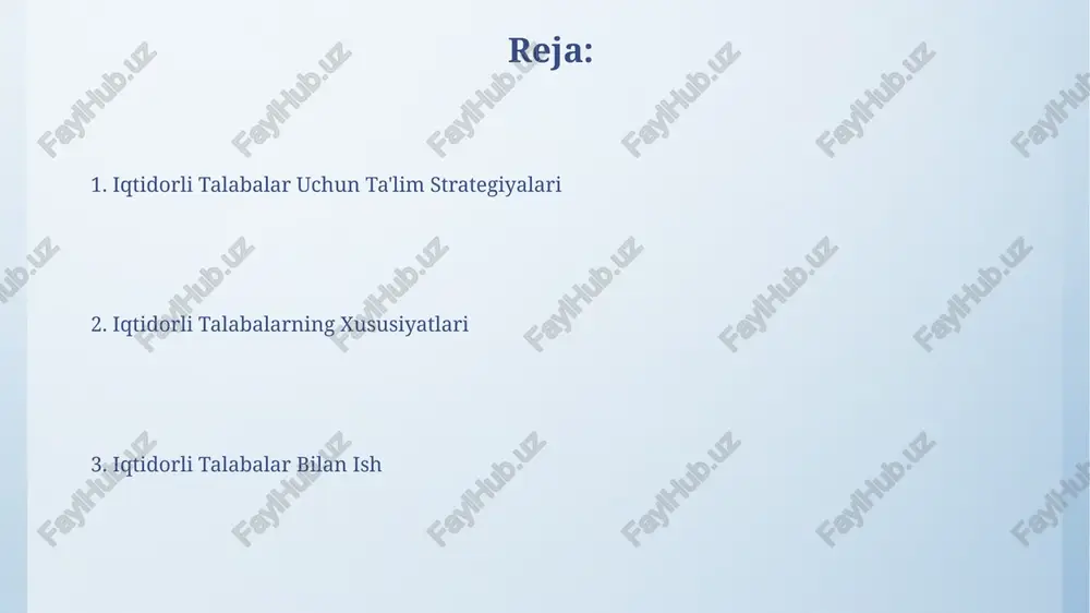 osqichli loyihalarni tayyorlash va ularni mustaqil ravishda bajarish imkoniyatini bering, bu ularning chuqurroq fikrlash qobiliyatlarini rivojlantiradi. differensial topshiriqlar berishda 20% dan ortiq qo'shimcha vazifalarni qo'shing, bu esa iqtidorli o'quvchilarning potentsialini to'liq ochib berishga yordam beradi. mavzuga oid rejalar tuzish har bir rejada kamida 2 ta yuqori darajadagi murakkablikdagi topshiriqlar bo‘lishi kerak, shuningdek, o‘z-o‘zini baholash uchun mezonlar qo‘shilishi tavsiya etiladi. rejaning samaradorligini oshirish uchun o‘quvchilar bilan birgalikda 4-5 haftadan keyin uning bajarilishini tahlil qilish va kerakli tuzatishlarni amalga oshirish zarur. muvaffaqiyatga erishish strategiyasi iqtidorli o'quvchilarning 80%i o'zlarining qiziqishlari bo'yicha chuqurroq o'rganish imkoniyatiga ega bo'lganda yuqori natijalarga erishadilar. o'quv jarayonida differensiatsiya va individual yondashuvni qo'llash orqali, kamida 30% o'quvchilarning akademik ko'rsatkichlarini yaxshilash mumkin. zamonaviy texnologiyalardan foydalanish qobiliyatli o'quvchilarga individual yondashuvni ta'minlash uchun, onlayn testlar va baholash tizimlari natijalarini tahlil qilish orqali o'quv rejalarini 50% ga samaraliroq shakllantirish imkoniyati mavjud. zamonaviy ta'lim platformalari, masalan, khan academy yoki coursera kabi onlayn resurslar, 1000 dan …