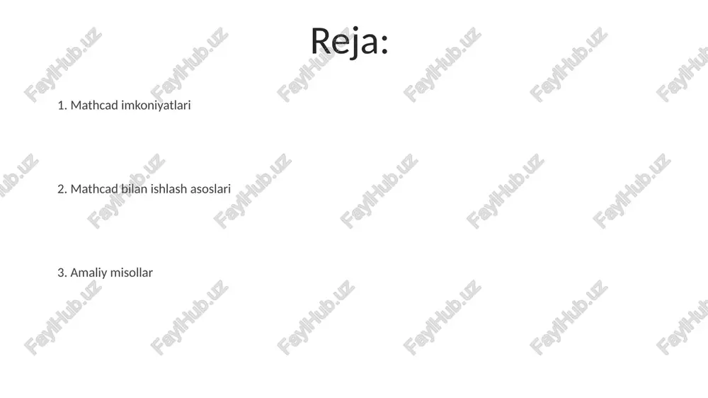 zimlari (masalan, git) yordamida saqlash va 3 dan ortiq hamkorlar bilan birgalikda ishlash samaradorligini oshiradi. grafiklar yaratish grafik parametrlarini, masalan, o'qlarning nomlari, chegaralari, ranglari va shrift o'lchamlarini aniq 100% aniqlikda sozlash imkoniyati mavjud. mathcad, funksiyalar, tenglamalar va ma'lumotlar to'plamlaridan foydalanib, murakkab matematik modellarning grafik tasvirlarini yaratishga imkon beradi, masalan, 3 o'lchovli sirtlarni tasvirlash. mathcad’da 2d va 3d grafiklarni, jumladan, chiziqli, nuqtaviy, ustunli va boshqa 15 dan ortiq turdagi grafik turlarini yaratish mumkin. hisobotlar tayyorlash hisobotlarga 2000 tagacha ma'lumotlarni kiritish va ularni mathcadning kuchli hisoblash vositalari yordamida tahlil qilish imkoniyati mavjud. mathcad yordamida tayyorlangan hisobotlarni pdf, word yoki excel formatlariga osongina eksport qilish mumkin, bu esa 3 dan ortiq dasturlar bilan muammosiz ishlash imkonini beradi. mathcad yordamida 10 ga yaqin turli xil hisobotlarni, jumladan, murakkab formulalar va grafiklarni o'z ichiga olgan hisobotlarni avtomatlashtirilgan tarzda tayyorlash mumkin. mathcad interfeysi bilan tanishuv mathcad funksiyalar, operatorlar va matematik konstantalar keng kutubxonasiga ega bo'lib, bu …