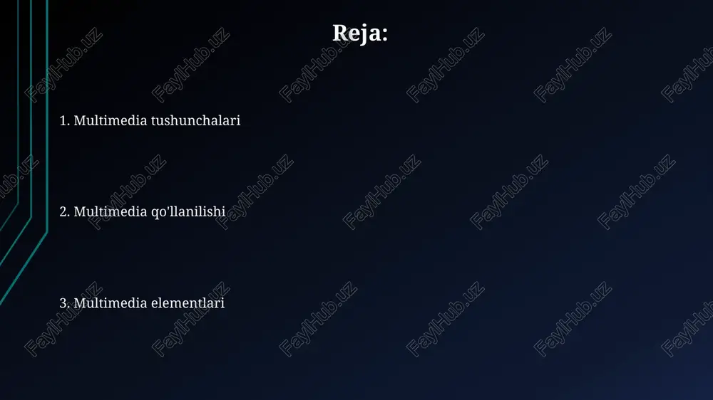 rasmlar ketma-ketligi bilan hosil bo'ladi. animatsiya turli xil texnikalar, masalan, stop-motion, 2d va 3d animatsiya yordamida yaratilishi mumkin bo'lib, har biri o'ziga xos xususiyatlarga ega va turli darajadagi murakkablikni talab qiladi. multimedia nima? multimedia texnologiyalarining rivojlanishi tufayli, endigina 10 yil oldin mavjud bo'lmagan yangi interfaislar va dasturlar yuzaga keldi, bu esa foydalanuvchilar uchun ancha qulay va samarali vositalarni yaratish imkonini beradi. multimedia taqdimoti 5 ta asosiy elementdan iborat: matn, grafikalar, audio, video va animatsiya. ushbu elementlarning o'zaro ta'siri va sinxronizatsiyasi muhim rol o'ynaydi. multimediya tahrirlash multimedia loyihalarini tahrirlashda audio miksaj, ekvalayzer va kompressor kabi 5 ta asosiy audio effektlarni qo‘llash orqali professional ovoz dizayni yaratish mumkin. multimedia tahrirlashda 2d va 3d animatsiya texnologiyalari qo‘llanilib, harakat effektlari, o‘tish animatsiyalari va boshqa 10 dan ortiq turdagi vizual effektlar yaratish mumkin. multimediya qo'llanilishi multimedia texnologiyalari 50 dan ortiq mamlakatlarda ta'limda qo'llanilib, o'quv jarayonini interaktiv va samaraliroq qiladi, shu bilan birga, o'quvchilarning bilim olishga …