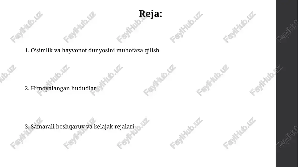 , bioxilma-xillikni saqlashga qaratilgan. himoyalangan hududlarning ahamiyati himoyalangan hududlar biologik xilma-xillikni saqlashda muhim rol o'ynaydi, 30% dan ortiq o'simlik va hayvon turlari shu yerlarda yashaydi va ularning populyatsiyasi o'sishini ta'minlaydi. ekologik turizm orqali himoyalangan hududlar mahalliy jamoalarga 5000 dan ortiq ish o'rinlari yaratib, iqtisodiy foyda keltiradi va tabiatni muhofaza qilishga mablag' jalb qiladi. iqlim oʻzgarishi taʼsiri iqlim oʻzgarishi tufayli 2050-yilga kelib, himoyalangan tabiat hududlarining 20% ga yaqini biologik xilma-xillikni yoʻqotish xavfi ostida qolishi mumkin. ekstremall iqlim hodisalari, masalan, qurgʻoqchilik va sel, himoyalangan tabiat hududlarining 30% gacha maydonini zararlantirishi va ekologik muvozanatni buzishi mumkin. muhim qushlarni yashash joylari ushbu hududlarning 30% dan ortig'i suv-botqoqlik ekosistemalaridan iborat bo'lib, suv-qush turlarining ko'payishi va yashab qolishi uchun muhim shart-sharoitlarni yaratadi. o'zbekistonning “muhim qushlarni yashash joylari” hududlari bioxilma-xillikni saqlashda muhim rol o'ynaydi va 50 dan ortiq endemik va noyob o'simlik turlarini himoya qilishga yordam beradi. oʻsimliklar va hayvonlarni muhofaza qilish strategiyasi qo'riqlanadigan hududlarning kamida 10% …