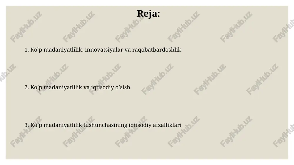 yangi bozorlarga kirish imkoniyatlarini 30% ga kengaytirib, eksport hajmini sezilarli darajada oshiradi. multukulturalizm sharoitida malakali kadrlar sonining o'sishi mehnat unumdorligini 10-15% ga va umumiy iqtisodiy samaradorlikni yaxshilaydi. raqobatbardoshlik va bozorning kengayishi har xil madaniy kelib chiqishi bo'lgan tadbirkorlar sonining ko'payishi (masalan, 25% ga o'sishi) yangi mahsulotlar va xizmatlarning paydo bo'lishiga, innovatsiyalar sonining o'sishiga va umumiy iqtisodiy samaradorlikni yaxshilashga olib keladi. ko'p millatli jamoalarning yuqori malakali mutaxassislar (taxminan 30% ga ko'proq) bilan ta'minlashi, yuqori darajadagi texnologiyalarni o'zlashtirish va eksport qobiliyatini yaxshilash orqali mamlakatning raqobatbardoshligini oshiradi. yangi mahsulotlar va xizmatlarning paydo bo'lishi ko'p madaniyatlilik sharoitida 20% ga yaqin yangi biznes g'oyalari va mahsulotlarining paydo bo'lishi kuzatiladi, bu esa milliy iqtisodiyotga qo'shimcha 5-10% o'sishni ta'minlaydi. xorijiy investitsiyalar hajmining 10-15% o'sishi ko'p madaniyatli muhitdagi yangi mahsulotlar va xizmatlarning global bozorga chiqishi bilan bog'liq bo'lib, eksport ko'rsatkichlariga ijobiy ta'sir ko'rsatadi. davlat byudjeti daromadlarining oshishi kichik va o'rta biznesning ko'payishi, ko'p millatli muhitda ishlab chiqarishning xilma-xilligi …