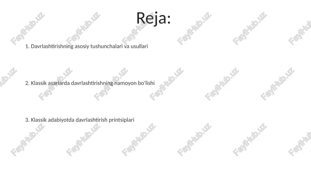 – ijtimoiy-siyosiy vaziyat, falsafiy g'oyalar va milliy tilning taraqqiyoti ta'sir ko'rsatgan. "adabiy maktablar va yo'nalishlar" doirasida 20 dan ortiq turli yo'nalish va uslublarning mavjudligi adabiyotning boy va rang-barang ekanligini ko'rsatadi. davrlashtirishning asosiy tushunchalari matnlarni davrlashtirishda 2 ta asosiy yondashuv mavjud: xronologik va tipologik. xronologik yondashuv vaqt o'tishi bilan o'zgarishlarni kuzatadi. davrlashtirishning asosiy tamoyillaridan biri – adabiyot tarixini 3 yoki undan ortiq davrlarga bo'lish orqali o'ziga xos xususiyatlarini aniqlashdir, masalan, qadimgi yunon, ellinistik va rim davrlari. adabiy janrlarning rivojlanishi 15-16-asrlarda hikoya va roman janrlarining paydo bo’lishi, shuningdek, 2 ta yirik adabiy maktab – buxoro va xiva maktablarining ta’siri bilan janrlarning xilma-xilligi kuchaygan. 10-asrda adabiy janrlarning shakllanishi, xususan, nazm va nasrning farqlanishi va 3 ta asosiy she’riy shakllarning (qaside, g’azal, ruboiy) rivojlanishi kuzatilgan. madaniy va ijtimoiy kontekst ijtimoiy tabaqalanishning adabiy asarlardagi ifodasi (masalan, 3 ta asosiy ijtimoiy guruhning tasviri) davrlashtirish modelini yanada boyitadi. klassik adabiyotdagi davrlashtirish printsiplari 2-4 asrlardagi ijtimoiy-siyosiy tartiblarning adabiy …