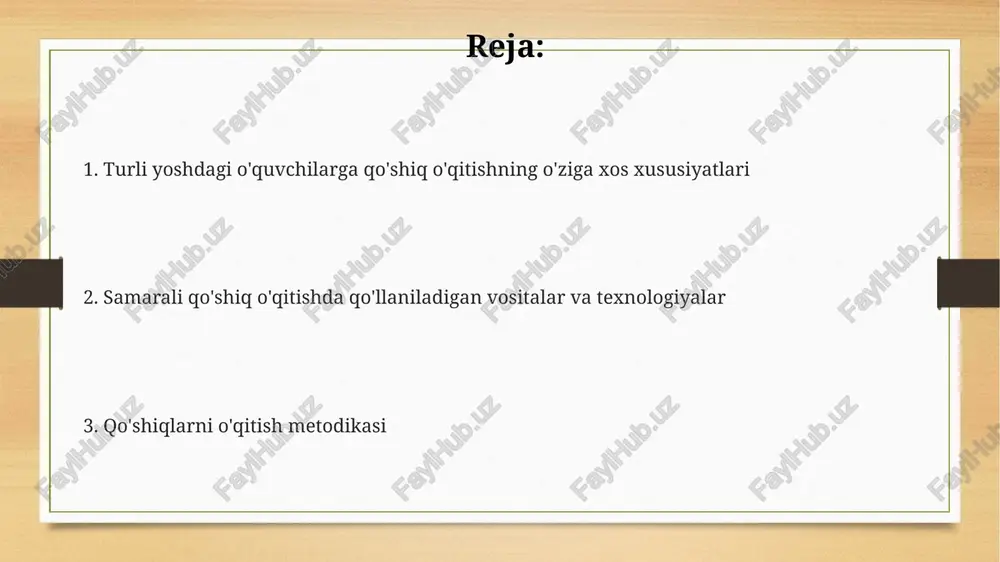 siqiy bilim darajalarini (boshlang'ich, o'rta, yuqori) hisobga olish, kamida 3 ta turli janrdagi 10-15 ta qo'shiqni taklif qilish muhim. har bir qo'shiqning didaktik maqsadini aniqlash (masalan, ritmni rivojlantirish, ohangni tushunish, so'z boyligini oshirish) va unga mos didaktik usullarni qo'llash samaradorlikni oshiradi. qo'shiq matnining soddaligi, tushunarliligi va o'quvchilarning emotsional idroki, shuningdek, qo'shiqning musiqiy tuzilmasi (2/4, 3/4, 4/4 va boshqalar) muhim tanlov mezonlari hisoblanadi. qo'shiqni tahlil qilish va tushuntirish qo'shiqning musiqiy tilini (akkordlar, intervalllar, lad) tahlil qilish orqali uning xususiyatlarini 2 ta mashq orqali tushuntirish va 7-sinf o'quvchilari uchun moslashtirish kerak. qo'shiqning 3 qismli tuzilishi (kiritma, qismi, yakun)ni tahlil qilish orqali talabalarga musiqiy shaklni tushuntirish va 4 ta asosiy element (melodiya, ritm, garmoniya, tekstura)ni aniqlashga o'rgatish mumkin. qo'shiq matnining ma'nosi va she'riy tuzilishi (misralar soni, she'riy o'lchovi)ni tahlil qilib, undagi emotsional va semantik jihatlarni 5 ta turli yondashuv orqali o'rganish samarali bo'ladi. qo'shiq orqali musiqiy bilim berish qo'shiqlar orqali musiqiy lug'atni boyitishda, …