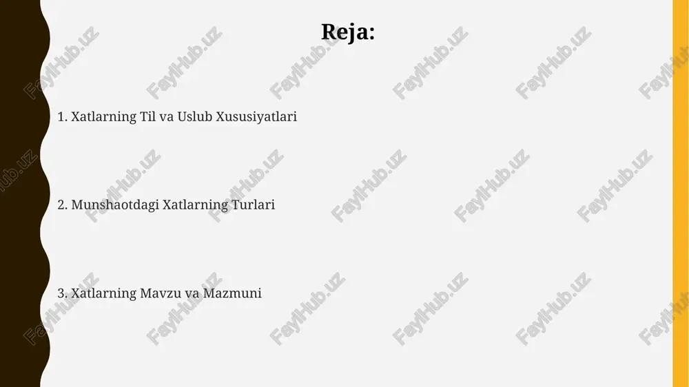 0 ga yaqin murakkab so‘z birikmalarining tuzilishi, sintaktik funksiyasi va ularning matn ichidagi rolini aks ettiruvchi ta’riflar keltirilgan. “munshot”dagi 500 dan ortiq so‘z birikmalarining morfologik tahlili natijasida 3 asosiy guruh – ot, sifat va fe’l guruhlari aniqlangan, ularning har biri ichida yana kichik guruhlar mavjud. xatlardagi obrazli vositalarni tasnifi tahlil natijalariga ko'ra, “munshot”dagi xatlarda 10 dan ortiq turdagi obrazli vositalar qo'llanilgan bo'lib, ularning eng ko'p uchraydiganlari sifat va ravishlarning badiiy funktsiyasiga ega bo'lganlaridir. “munshot”dagi xatlarning 30% dan ortig'i epistolyar janrga mansub bo'lib, ularda 5 ta asosiy obrazli vosita: metafora, epitet, tashbeh, sinekdoxa va perifraza ko'p uchraydi. xatlardagi obrazli nutq vositalarining 2/3 qismi lirik tasvirlarga, 1/3 qismi esa syujetli voqealarni aks ettirishga xizmat qiladi. bu janr xususiyatlari bilan bog'liq. munshaotdagi xatlarning xronologik tasnifi "munshaot"dagi xatlarning taxminiy 70%i 14-asrga, 20%i 15-asrga, qolgan qismi esa 13 va 16-asrlarga tegishli bo'lib, bu xronologik tasniflashda davrlarning aniq chegaralanishini talab qiladi. xatlarning til xususiyatlari, yozish uslubi …
