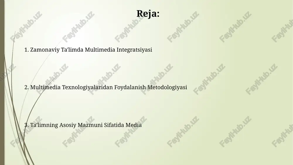 late storyline 360 platformasi 2000 dan ortiq interaktiv elementlar va shablonlar bilan ta'minlaydi, bu esa turli xil o'quv materiallari, jumladan, testlar va viktorinalar yaratishga imkon beradi. easel.ly va canva kabi onlayn vositalar sodda va intuitiv interfeysga ega bo'lib, kamida 10 turdagi grafik elementlar va animatsiyalarni qo'llab-quvvatlaydi, bu esa o'qituvchilar uchun tez va samarali o'quv materiallari tayyorlashni osonlashtiradi. zamonaviy multimedia texnologiyalari va ularning ta'limdagi imkoniyatlari multimedia resurslaridan foydalanish, o'quvchilarning 70% gacha faol ishtirokini ta'minlaydi va shu bilan bilim olish samaradorligini oshiradi, ayniqsa, individual o'rganish uslublariga moslashtirilganda. interaktiv o'yinlar va simulyatsiyalar yordamida o'quvchilarning bilim va ko'nikmalarini baholashning 3 ta samarali usuli mavjud: testlar, loyihalar va amaliy topshiriqlar. ta'limda multimedia texnologiyalarining samaradorligini o'lchash ta'limda multimedia texnologiyalaridan foydalanish samaradorligini baholashda o'quvchilarning bilim darajasidagi 20% o'sishini kuzatish orqali aniq natijalarga erishish mumkin. multimedia qo'llanilgan guruhlarning test natijalari bilan an'anaviy usullar qo'llanilgan guruhlarning natijalarini taqqoslash orqali 15-25 ball farq kuzatilsa, samaradorlik yuqori deb baholanadi. e'tiboringiz uchun …