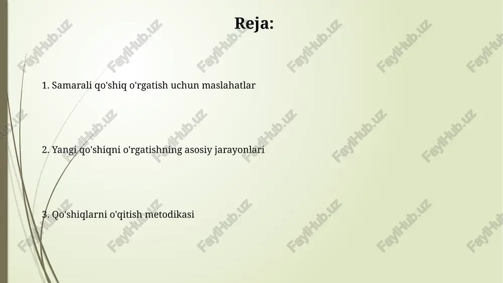 h. individual va guruhda ishlash individual va guruhda ishlashni birlashtirgan holda, 70% individual mashqlar va 30% guruhda ijro etish orqali, o‘quvchilarning o‘z-o‘zini baholash va o‘zaro ta’sirini kuchaytirishga erishish mumkin. individual ishlashda har bir o‘quvchi 3-5 marta takrorlash orqali qo‘shiqning melodik va ritmik tuzilmasini mustaqil o‘zlashtirishi, keyin esa o‘ziga xos ijro texnikasini ishlab chiqishi mumkin. melodiya va ritmni o'rgatish ritmni o'rgatishda perkussiya asboblari (masalan, daf, triangl) yordamida ritmik naqshni namoyish qilish va so'ngra uni qo'shiq ohangi bilan bog'lash o'quv jarayonini tezlashtiradi. qo'shiqning melodiya va ritmini bir vaqtda o'rgatishda, avval 2-3 taktni o'rgatish, so'ngra asta-sekin butun qo'shiqqa o'tish o'quvchilarning ortiqcha yuklanishini oldini oladi. so'zlarni o'rganish va talaffuzni to'g'rilash so'zlarni semantik guruhlarga bo'lib o'rganish (masalan, 5-7 ta so'zdan iborat guruhlar) va ular orasidagi bog'liqlikni aniqlash xotirani yaxshilashga yordam beradi. so'zlarni yod olishda 3-5 marta takrorlash, har bir so'zni alohida talaffuz qilish va undan keyin butun qatorni o'qish samarali usul hisoblanadi. qo'shiqni tanlash va …