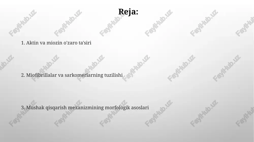 ataladi; kichik motor birliklari nozik harakatlarni, katta motor birliklari esa kuchli harakatlarni ta'minlaydi. kaltsiy ionlarining roli mushak hujayralarining sarkoplazmatik retikulumida saqlanadigan kaltsiy ionlari, nerv impulsi ta'sirida, hujayra ichiga chiqib, 10 -6 m gacha konsentratsiyani oshiradi va qisqarishni faollashtiradi. kaltsiy ionlari konsentratsiyasining pasayishi, sarkoplazmatik retikulum tomonidan qayta yig'ib olinishi orqali, aktin va miyozin o'rtasidagi bog'lanishni uzib, mushakning bo'shashishiga olib keladi, bu jarayon 10-100 milisaniyada sodir bo'ladi. sarkomerlarning tuzilishi va vazifasi miozin boshlari aktin filamentlariga bogʻlanib, kuch hosil qiladi va bu kuch sarkomerning qisqarishiga olib keladi, bu jarayon ca2+ ionlarining mavjudligiga bog'liq. har bir sarkomer aktin va miozin filamentlaridan tashkil topgan boʻlib, ularning oʻzaro ta’siri mushak qisqarishiga olib keladi, bu jarayon atp gidrolizidan energiya talab qiladi. e'tiboringiz uchun rahmat @taqdimot_robot image3.png image4.jpg image5.jpg image6.jpg image7.jpg image8.jpg image9.jpg image10.jpg image1.png