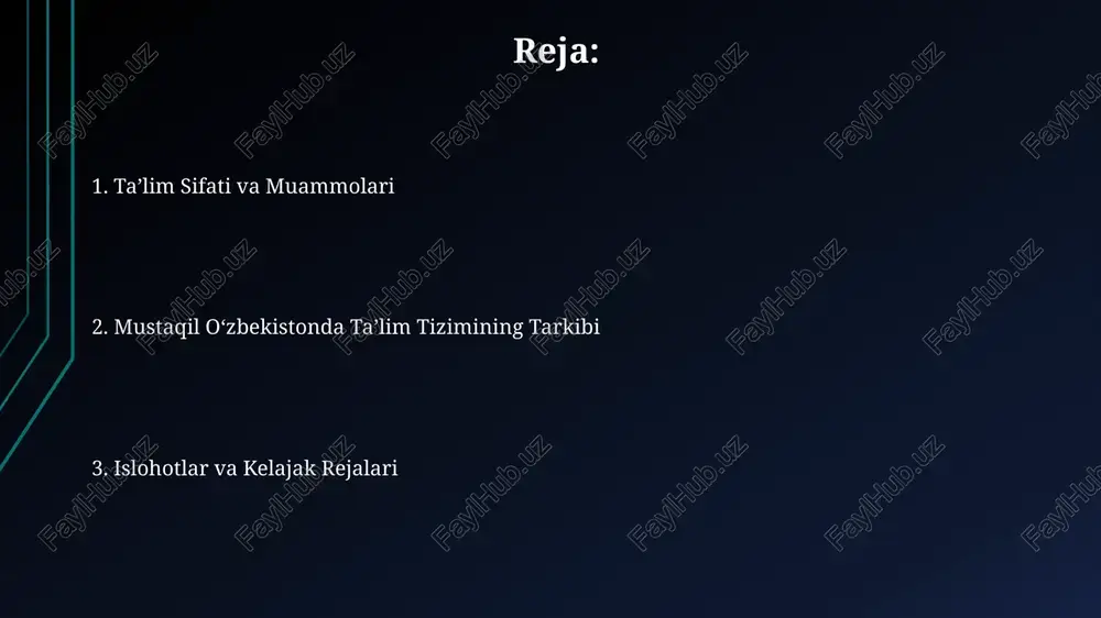 sa talabalar almashinuvi va qoʻshma dasturlarni rivojlantirishga xizmat qiladi. oʻzbekistonning oliy taʼlim muassasalari yunesko, jahon banki kabi xalqaro tashkilotlar bilan faol hamkorlik qilib, 100 million dollardan ortiq grantlar va moliyaviy yordamlarni jalb qilgan. ta'limning kelajagi va muammolari ta'lim muassasalarida pedagog kadrlarning malaka oshirish dasturlari yiliga atigi 15% oʻqituvchilarni qamrab oladi, bu esa zamonaviy ta'lim uslublarini joriy etishni cheklaydi. oʻquvchilarning 60% ga yaqini raqamli texnologiyalardan yetarlicha foydalana olmasligi ta'lim sifatini pasaytiradi va kelajakdagi raqobatbardoshlikka tahdid soladi. ta'lim siyosati va islohotlari ta'limning davlat tomonidan moliyalashtirilishi 2023-yilda umumiy yalpi ichki mahsulotning 12 foizini tashkil etdi, bu ta'lim tizimining ustuvor yo'nalishi ekanligini ko'rsatadi. 2030-yilga kelib, maktabgacha ta'limni qamrab olish darajasini 70% ga yetkazish maqsad qilingan, bu esa bolalarni erta rivojlantirishga katta e'tibor qaratilishini bildiradi. zamonaviy texnologiyalar ta'limda zamonaviy texnologiyalar, jumladan, 5000 dan ortiq ta'lim muassasalarida interfaol doskalar va kompyuter texnologiyalarining joriy etilishi bilan o'quv jarayonini sezilarli darajada yaxshilashga qaratilgan. elektron ta'lim resurslari va platformalarining …