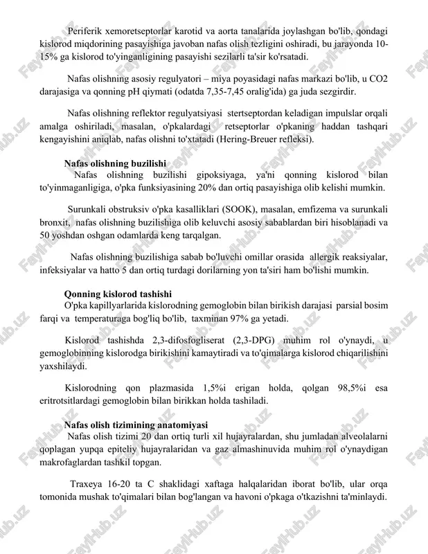 da sezgirdir. nafas olishning reflektor regulyatsiyasi stertseptordan keladigan impulslar orqali amalga oshiriladi, masalan, o'pkalardagi retseptorlar o'pkaning haddan tashqari kengayishini aniqlab, nafas olishni to'xtatadi (hering-breuer refleksi). nafas olishning buzilishi nafas olishning buzilishi gipoksiyaga, ya'ni qonning kislorod bilan to'yinmaganligiga, o'pka funksiyasining 20% dan ortiq pasayishiga olib kelishi mumkin. surunkali obstruksiv o'pka kasalliklari (sook), masalan, emfizema va surunkali bronxit, nafas olishning buzilishiga olib keluvchi asosiy sabablardan biri hisoblanadi va 50 yoshdan oshgan odamlarda keng tarqalgan. nafas olishning buzilishiga sabab bo'luvchi omillar orasida allergik reaksiyalar, infeksiyalar va hatto 5 dan ortiq turdagi dorilarning yon ta'siri ham bo'lishi mumkin. qonning kislorod tashishi o'pka kapillyarlarida kislorodning gemoglobin bilan birikish darajasi parsial bosim farqi va temperaturaga bog'liq bo'lib, taxminan 97% ga yetadi. kislorod tashishda 2,3-difosfogliserat (2,3-dpg) muhim rol o'ynaydi, u gemoglobinning kislorodga birikishini kamaytiradi va to'qimalarga kislorod chiqarilishini yaxshilaydi. kislorodning qon plazmasida 1,5%i erigan holda, qolgan 98,5%i esa eritrotsitlardagi gemoglobin bilan birikkan holda tashiladi. nafas olish tizimining …