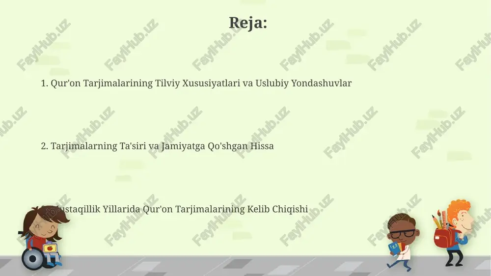 giyalarning taʼsiri raqamli texnologiyalar tufayli audio va video formatdagi qur’on talqinlari hamda til o‘rgatish dasturlari soni 10 yil ichida 2 baravar oshdi, bu esa yangi avlod uchun qulay sharoit yaratdi. zamonaviy texnologiyalar, xususan, kompyuter dasturlari va elektron lug‘atlar yordamida qur’on tarjimalarining tahriri va korrektsiyasi ancha tezlashdi, 2000-yillardan boshlab 30% ga qisqardi. boshqa muhim tarjimalar va mualliflar 1990-yillardan keyin chop etilgan tarjimalarning aksariyati zamonaviy adabiy uzbek tilida yozilgan bo'lib, keng o'quvchi auditoriyasiga mo'ljallangan. ba’zi tarjimalar lug'aviy aniqlikka, boshqalari esa manaviy ma’noni yetkazishga urg'u bergan, bu esa turli xil o'quvchi guruhlari uchun moslashuvchanlikni ta'minlagan. mustaqillik yillarida qurʼon tarjimalarining paydo boʻlishi 2000-yillardan boshlab, turli olimlar va mutaxassislar tomonidan tayyorlangan, tahliliy va izohlari bilan boyitilgan, bir nechta yangi qur'on tarjimalari chop etildi, ularning tili va uslubi ham farq qilar edi. mustaqillik davrida chop etilgan qur'on tarjimalarining soni 10 dan oshib ketdi, ular orasida qisqartirilgan variantlar, to'liq matnli tarjimalar va islomshunos olimlar tomonidan sharhlangan nashrlar …