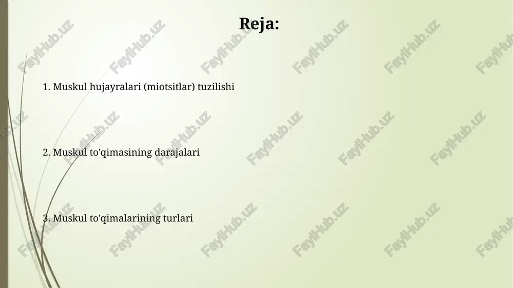 rdan tashkil topgan. aktin filamentlari yupqa, diametri taxminan 7 nm bo'lib, ikkita o'ralgan aktin monomerlaridan tashkil topgan va tropomiozin, troponin kabi regulyator oqsillar bilan o'ralgan. muskul to'qimalarining turlari mushak to'qimalarining uchta asosiy turi mavjud: silliq, ko'ndalang-targ'il va yurak mushaklari, ularning har biri o'ziga xos tuzilishi va funksiyasi bilan farqlanadi. silliq mushaklar 1-100 mikrometr diametrli hujayralardan iborat bo'lib, ixtiyoriy ravishda tortishadi va ichki organlar devorlarida joylashadi. muskul tolasi tuzilishi aktin va miyozin filamentlari aniq tartibda joylashgan boʻlib, bu 6:1 nisbatda aktin va miyozin filamentlari o'zaro bog'lanishini ta'minlaydi va mushak kuchini oshiradi. har bir sarkomer ikki z-chiziq orasida joylashgan boʻlib, yupqa aktin va qalin miyozin filamentlarini oʻz ichiga oladi; bu filamentlarning oʻzaro taʼsiri muskul qisqarishiga sabab boʻladi. e'tiboringiz uchun rahmat @taqdimot_robot image1.jpg image2.jpg image3.jpg image4.jpg image5.jpg image6.jpg image7.jpg