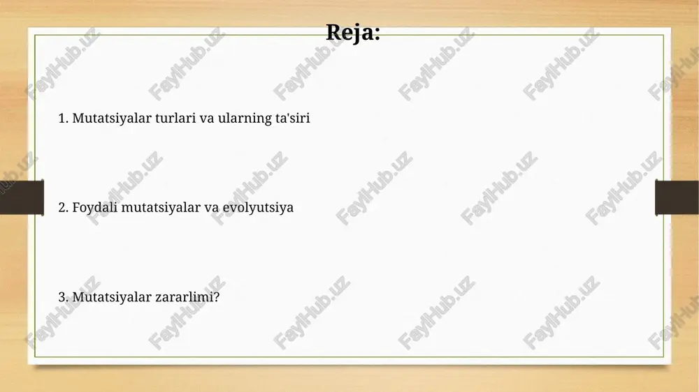 matik hujayralarda ro'y beradi va keyingi avlodga o'tmaydi. odamlarda yiliga taxminan 60 ta yangi mutatsiya yuz beradi. bu mutatsiyalarning aksariyati zararsiz, biroq ba'zilari kasalliklarga, masalan, saraton yoki genetik kasalliklarga olib kelishi mumkin. mutatsiyalar va tabiiy tanlanish ko'pchilik mutatsiyalar neytral bo'lib, fenotipga ta'sir qilmaydi, taxminan 90% mutatsiyalar organizmga hech qanday ta'sir ko'rsatmaydi. tabiiy tanlanish zararli mutatsiyalarni yo'q qiladi, chunki bu mutatsiyalar tashuvchilarining omon qolish va ko'payish imkoniyatlarini pasaytiradi. mutatsiyalarning sabablari kimyoviy moddalar, masalan, benzol yoki formaldegid kabi mutagenlar, dnk bilan reaksiyaga kirishib, uning tuzilmasini o'zgartirishi va natijada mutatsiyalarni keltirib chiqarishi mumkin. dnkni ko'paytirish jarayonida yuz beradigan xatolar, taxminan 100000 ta nukleotidga 1 ta xato tezligida, mutatsiyalarning asosiy sabablaridan biri hisoblanadi. tashqi omillar radiatsiya ta'siri ostida 50% gacha gen mutatsiyalari yuz berishi mumkin, bu esa irsiy kasalliklar xavfini oshiradi va organizmning immunitet tizimini zaiflashtiradi. kimyoviy moddalar, jumladan, toksinlar va mutagenlar, dnkning 20% gacha qismini o'zgartirishi mumkin, bu esa turli xil irsiy kasalliklar, …