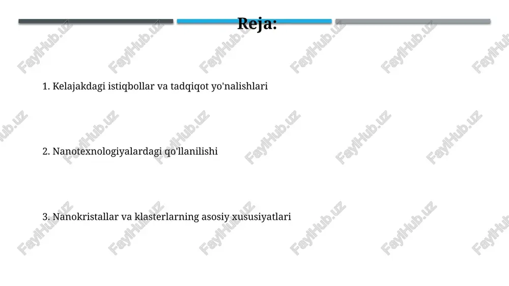 in nanoklasterlarning issiqlik sig'imi ommaviy oltinnikidan ancha yuqori bo'ladi. nanoklasterlarning magnit xossalari, masalan, superparamagnetizm kabi, ularning hajmi va shakliga bog'liq bo'lib, 10 nm dan kichik klasterlarda kuzatiladi. elektronikadagi qo'llanilishi grafen asosidagi tranzistorlarning o'lchamlarini 10 nm gacha kamaytirish orqali, nanokristallar yordamida ishlab chiqarilgan elektron komponentlarning tezligini va quvvat sarfini sezilarli darajada yaxshilash mumkin. kumush nanokristallaridan foydalanib yaratilgan antibakterial qoplamalar, elektron qurilmalarni mikroorganizmlardan himoya qilishda 99% gacha samaradorlikni ta'minlaydi. muammolar va kelajak istiqbollari nanokristallar asosidagi quyosh batareyalarining samaradorligi 30% dan yuqori bo'lishi mumkin, bu esa hozirgi kremniy batareyalarining samaradorligidan ancha yuqori va energiya muammosini hal qilishda muhim rol o'ynaydi. nanokristallar va klasterlarning 10 nm dan kichik o'lchamlari ularga noyob optik, elektr va magnit xossalar bag'ishlaydi, bu esa tibbiyot va elektronika sohalarida 1000 dan ortiq yangi ilovalarni yaratish imkoniyatini beradi. nanokristallarni sintez qilish usullari gaz fazali kondensatsiya usuli, 100-500°c haroratlarda metall bug'larining inert gaz muhitida tez sovutilishi orqali, yuqori sifatli nanokristallar olish imkonini …