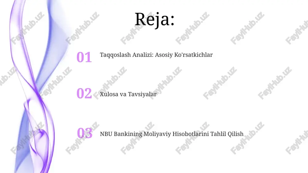 i foydalanishi yuqori, bu esa daromadlilikni oshiradi. qisqa muddatli va uzoq muddatli majburiyatlar nisbati 1:2 dan oshmasligi bankning likvidligi va to'lovga layoqatliligini ta'minlaydi. xulosa va tavsiyalar bankning aktivlarining umumiy hajmi 50 milliard so'mdan oshgan bo'lsa-da, kredit portfeli diversifikatsiyasi darajasi past, shuning uchun xavflarni kamaytirish uchun yangi bozor segmentlariga kirishni ko'rib chiqish zarur. kapitalizatsiya darajasini 12% dan yuqori saqlash maqsadida, qo'shimcha kapital jalb qilish yoki xarajatlarni kamaytirish bo'yicha strategiyani ishlab chiqish muhim hisoblanadi. nbu bankining 2022-yilgi sof foydasi 2021-yilga nisbatan 15% ga oshganini hisobga olgan holda, kelgusi yillarda bu ko'rsatkichni yanada oshirish uchun investitsiya siyosatini optimallashtirish tavsiya etiladi. asosiy moliyaviy ko'rsatkichlarni taqqoslash nbu bankining 2022-yilgi aktivlari 2021-yilga nisbatan 15% ga oshgan bo'lsa, passivlar esa 10% ga o'sganini ko'rsatadi. bu kapitalizatsiya darajasining o'zgarishiga ta'sir ko'rsatgan. bankning rentabellik ko'rsatkichi (roe) 2021 yilda 12%, 2022 yilda esa 15% ni tashkil etdi. bu o'sish daromadlilik va samaradorlikning yaxshilanishini bildiradi. nbu bankining likvidlik nisbati 2022 yilda …