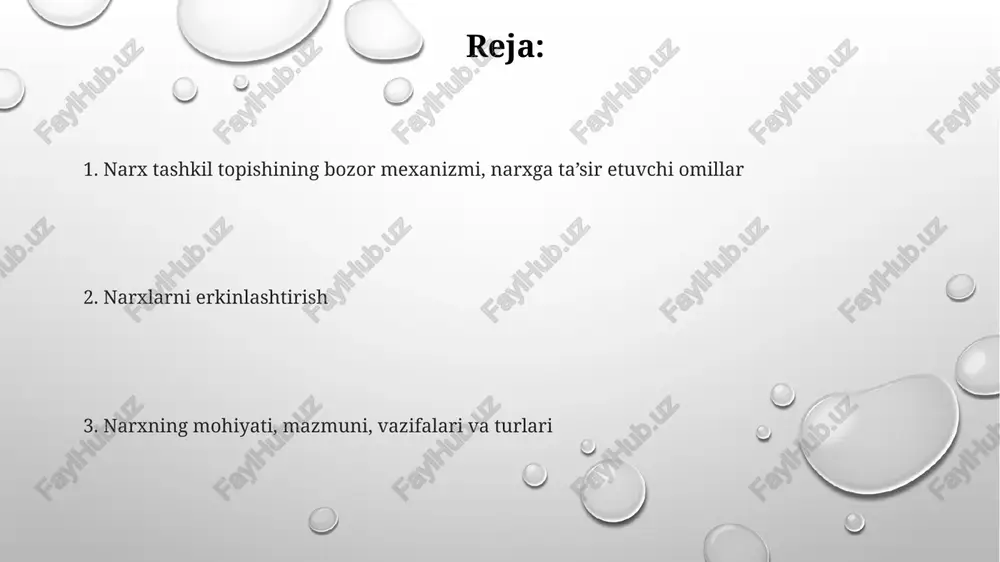 va taklif asosida yuz berishini tushuntirishni oʻz ichiga oladi. kurs ishining maqsadi narx nazariyasi, mazmuni, mohiyatini, turlarini va turli bozorlardagi narxning shakllanishini yoritishga qaratilgan, 35 betdan iborat. kirish qismida 2018-yildan boshlab oʻzbekiston iqtisodiyotini rivojlantirishga qaratilgan keng koʻlamli dastur haqida, uning tarkibiy oʻzgarishlar, kichik biznes va xususiy tadbirkorlikni qoʻllab-quvvatlashga qaratilganligi ta'kidlangan. narx tashkil topishining bozor mexanizmi, narxga ta'sir etuvchi omillar bozor mexanizmi talab va taklifning o'zaro ta'sirini, muvozanat narxini (equilibrium price) 1-2 hafta ichida shakllantirish orqali tovar aylanmasini tartibga soladi. mukammal raqobat sharoitida narx talab va taklifning kesishish nuqtasida shakllanadi, ammo monopoliya yoki oligopoliya sharoitida bu jarayon sezilarli darajada o'zgaradi. narxga ta'sir etuvchi 5 ta asosiy omil: ishlab chiqarish xarajatlari, raqobat darajasi, davlat siyosati, tovarning nafliligi va iste'molchilarning talabi hisoblanadi. narxlarni erkinlashtirish narxlarni erkinlashtirishning birinchi bosqichi (1993-yil)da kelishilgan ulgurji narxlarni davlat tomonidan tartibga solish toʻxtatildi, sotiladigan tovarlar soni ancha qisqardi. 1994-yil oktyabr-noyabrda xalq iste'mol mollari asosiy turlarining narxlari erkinlashtirildi, transport va …