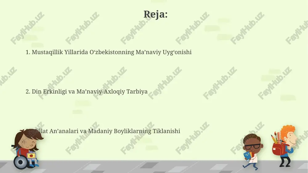 ish hajmi 15% ga oshdi, bu sohaning jahon bozoridagi raqobatbardoshligini koʻrsatadi. 200 dan ortiq hunarmandlar va ustaxonalar davlat tomonidan qoʻllab-quvvatlanib, xalqaro miqyosda tan olingan "hunarmand" sertifikatiga ega boʻldilar. millat mentaliteti va madaniy qadriyatlar "millat mentaliteti va madaniy qadriyatlar" doirasida o'zbek xalqining 30 yildan ortiq mustaqillik davrida milliy ong va madaniy merosiga bo'lgan qiziqishining sezilarli darajada oshganini kuzatish mumkin. mustaqillik yillarida 100 dan ortiq yangi madaniy markazlar, muzeylar va kutubxonalar ochilib, milliy qadriyatlarni asrash va targ'ib qilishga xizmat qildi, bu esa "millat mentaliteti va madaniy qadriyatlar" konsepsiyasini boyitdi. taʼlim-tarbiya tizimining islohotlari islohotlar doirasida umumta'lim maktablarida yangi o'quv dasturlari va darsliklari ishlab chiqildi, zamonaviy pedagogik texnologiyalarni qo'llashga alohida e'tibor qaratildi. din ta'limi sohasida 2000-yillardan boshlab, islom dini milliy qadriyatlar bilan uyg'unlashgan holda, ta'lim muassasalarida o'qitilishiga ruxsat berildi, bu diniy bag'rikenglikni oshirdi. e'tiboringiz uchun rahmat @taqdimot_robot image6.jpg image7.jpg image8.jpg image9.jpg image10.jpg image11.jpg image12.jpg image1.png