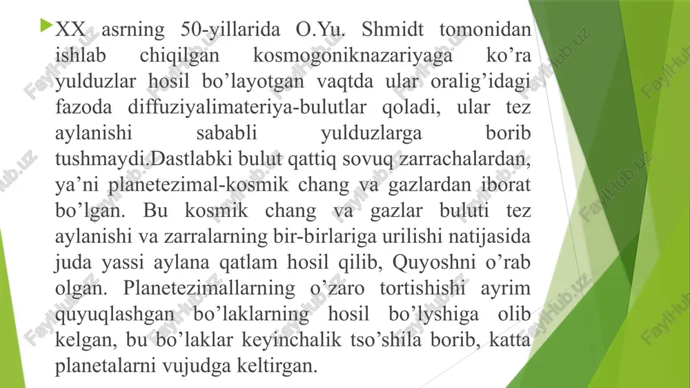 haroitda merkuriy orbitasigacha bo’lgan fazoda harorat shu darajada yuqori, quyosh nurlari bosimi shunchalik kuchli bo’lganki, tumanlikdagi hatto qattiq jismlar ham bug’lanib va uzoqroq sferalarga o’tib ketishi kerak edi. bu joyda planetalar hosil bo’lolmas edi. yer guruhidagi planetalar doirasidagi radiusda harorat va yorug’lik nuri bosimi gazsimon yengil massalarni bug’latib, ularni planetalar hosil qilgan bulutning uzoqroq qismiga surib yuborishga yetadigan miqdorda bo’lgan. shu sababli quyoshga yaqin fazoda kichik, lekin yer tipidagi zich planetalar vujudga kelgan. yer orbitasida haqiqatda qo’sh planeta bo’lgan, yer-oy vujudga kelgan. oy yo’ldosh bo’lsa ham, yerga nisbatan olganda shu qadar katta (erdan faqatgina 81 baravar kichik) va unga shuncha yaqin (384 ming km) joylashganki, aslida yer bilan birgalikda ikki planeta sistemasini hosil qiladi. bunga sabab shuki, gaz-chang bulutining bu qismida materiya massasi juda katta va aylanish harakati juda kuchli bo’lib, barcha modda bitta markazda to’planishi mumkin emas edi. kondensatsiyaning ikkinchi markazi bo’lgan oy aylanish harakatining ortiqcha qismini o’ziga olib, …