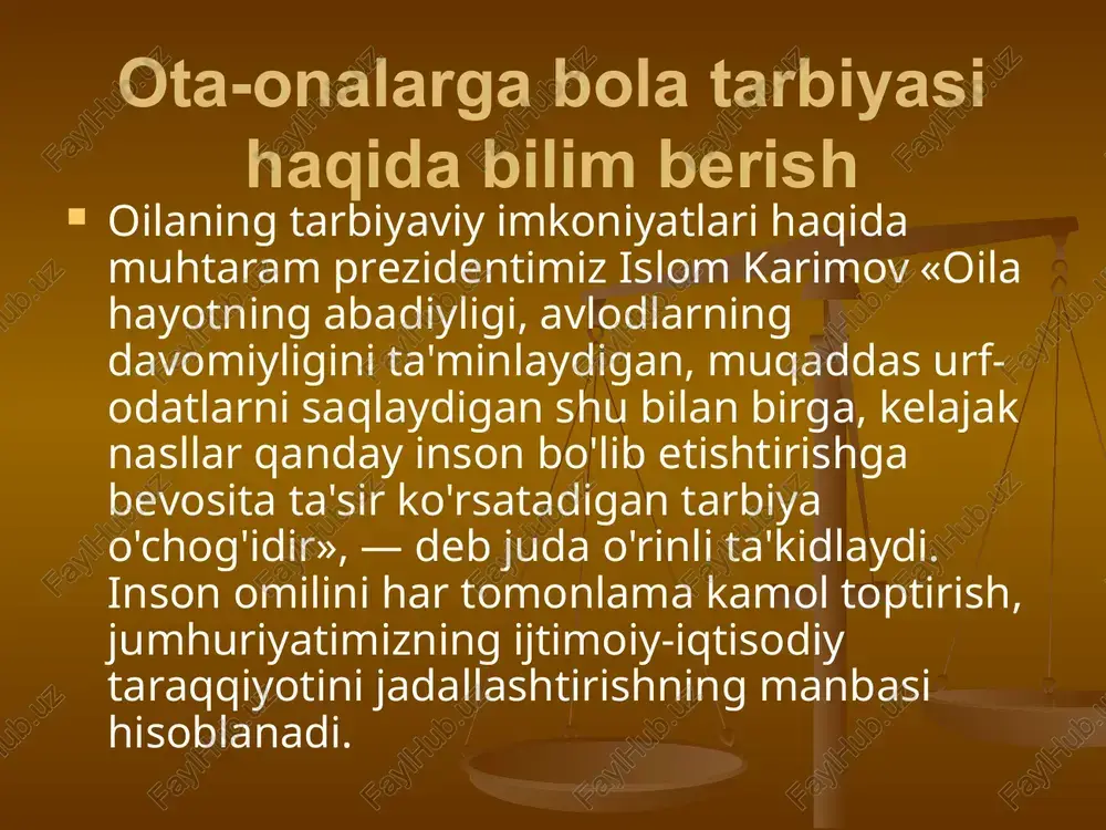 onalarga pedagogik bilimlar berish asosida olib borilishini har birimiz yaxshi tushunamiz. buning uchun jumhuriyatimiz avvalo oilalarning mustaqil bo'lishiga asosiy e'tiborini qaratmoqda. farzand tarbiyasi haqida o'zbekiston respublikasi kostitutsiyasi xiv bob «oila» 63-moddasida «oila jamiyatning asosiy bo'g'inidir, hamda jamiyat va davlat muhofazasida bo'lish huquqiga ega», 64-modda «ota-onalar o'z farzandlarini voyaga etgunlariga qadar boqish va tarbiyalashga majburdirlar » va 66-moddasida «voyaga etgan, mehnatga layoqatli farzandlar o'z ota-onalari haqida g'amxo'rlik qilishga majburdilrlar» kabi satrlar qayd etilgan. yuqoridagi moddalar mazmuni ota-onalarga bola tarbiyasi haqida ma'lumot berishni taqozo qiladi. qomusimizdagi bu burch va ma'suliyatni bajarish birinchi navbatda ota-onalar zimmasiga yuklatiladi ota-onalarning bu mas'uliyatini amalda bajarishlari bevosita ularning pedagogik madaniyatlariga bog'liq. bu haqda o'zbekiston respublikasining kadrlar tayyorlashning milliy dasturida «umumiy hamda pedagogik madaniyatni oshirish maqsadida, mamlakat aholisi orasidagi ma'rifiy ishlar takomillashtirilib boriladi»,- deb ta'kidlangan. shu nuqtai nazardan qaralganda, oila tarbiya muammolari ichida ota-onalarning tarbiyachilik madaniyatini oshirish eng dolzarb masalalardan biridir. shuning uchun ham ota-onalarga oilada bolalar tarbiyasi …