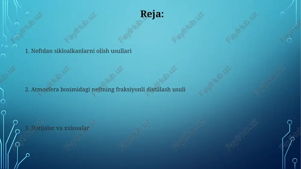 ish siklopentan va siklogeksan aralashmasini fraksiyonatsiyalashda, haroratni asta-sekin oshirish orqali, taxminan 50°c atrofida siklopentan, 80°c atrofida esa siklogeksan toza holda yig'ib olinadi. effektivlikni oshirish uchun yuqori samarali kolonkalardan foydalaniladi. siklopentan va siklogeksanlarning qaynash temperaturadagi farqi (siklopentan 49,3°c, siklogeksan 80,7°c) fraksiyonatsiyalash usulida ularni ajratishga imkon beradi, bu jarayon rektifikatsion kolonkalardan foydalanishni talab qiladi. rektifikatsiya ustunlarining samaradorligi ustunning balandligi va diametri, tabaqalar soni kabi parametrlarni optimallashtirish orqali 95% gacha chiqish mahsulotining tozaligini ta'minlash mumkin, bu esa ishlab chiqarish samaradorligini oshiradi. rektifikatsiya jarayonida 10-20% li yo'qotishlarning oldini olish uchun issiqlik almashinuvining samaradorligi va qayta ishlash rejimining aniqligiga e'tibor berish lozim. gaz-suyuqlik xromatografiyasi gslx detektorlari, masalan, fid (alanga-ionlash detektori), sikloalkanlarning konsentratsiyasi haqida kvantitativ ma'lumotlarni 0,01% dan yuqori aniqlikda taqdim etadi va analiz vaqti 30 minutni tashkil etadi. gaz-suyuqlik xromatografiyasi (gslx) neft fraksiyalarining tarkibini aniqlashda, xususan, sikloalkanlarning miqdorini aniqlashda yuqori aniqlik bilan 100 dan ortiq komponentni ajratib olish imkonini beradi. sikloalkanlarning qaynash haroratlari oralig'i sikloalkanlarning …
