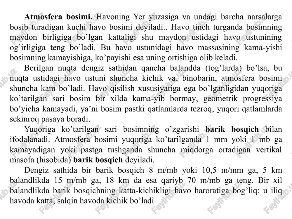 dlikka ko’tarilgan sari faqat kislorod yetishmasligi uchungina emas, balki bosimning kamayib borganligi sababli ham o’zini yomon his etadi. bosim qancha past bo’lsa, suv shuncha past haroratda qaynaydi. masalan, 20 km balandlikda suv harorat 37°c bo’lganda qaynaydi. odamning normal tana harorati 36,6°c ekanligini e’tiborga olsak, bu balandlikda qon bosimi ortishini kuzatish mumkin. shuning uchun ham fazogirlarga maxsus kiyim kiydirilib, kosmik kema ichida harorat, namlik, bosim va shu kabi boshqa holatlarni bir xil me’yorda saqlaydigan sharoit yaratiladi. xalqaro birliklar tizimi (si) da bosim paskalda (pa) o’lchanadi. yaqin vaqtgacha meteorologiyada bosim birligi sifatida millibarlardan (mb) foydalanilar edi. 1 mb + 100 pa = 1 gpa. hozir meteorologiyada bosim birligi etib paskal qabul qilingan. lekin amaliyotda bosim birligi sifatida millimetr simob ustuni (mm sim. ust.) keng qo’llaniladi. bu birlikni boshqa birliklar bilan o’zaro bog’lanishini keltiramiz: 1 mm sim. ust. = 133,33 pa = 1,3333 gpa; 1 gpa = 0,75 mm sim. ust. yoki 1 …