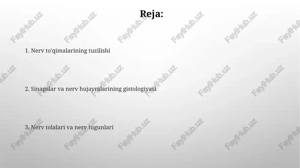 erlar ishtirok etadi, ularning har biri turli xil fiziologik ta'sirlarga ega. neyronlarning tuzilishi va funksiyasi odam miyasida taxminan 86 milliard neyron mavjud bo'lib, ularning har biri minglab boshqa neyronlar bilan sinaptik aloqalar orqali bog'langan, bu murakkab nerv tarmog'ini hosil qiladi. neyronlarning aksoni, dendritlari va hujayra tanasi (soma) deb ataluvchi uchta asosiy qismdan iborat bo'lib, ularning uzunligi bir necha millimetrdan bir necha metrgacha yetishi mumkin. nerv hujayralarining gistologiyasi nerv hujayralari, neyronlar deb ataladi va ularning uzunligi 1 millimetrdan 1 metrgacha yetishi mumkin, hujayra tanasi (soma) va dendritlar, aksonlardan iborat. shvan hujayralari miyelin qinini hosil qilib, aksonlarni izolyatsiya qiladi va ranvier bo'g'imlari orqali impulslarning tezroq o'tishiga yordam beradi. gliya hujayralari gliya hujayralari miyada neyronlar sonidan 10 baravar ko'p bo'lib, ularning 90% ni tashkil qiladi va neyronlarni mexanik va metabolik jihatdan qo'llab-quvvatlaydi. astrotsitlar qon-miya to'sig'ini shakllantirishda muhim rol o'ynab, miyaga zararli moddalarning kirishini cheklaydi va neyrotransmitterlarning kontsentratsiyasini tartibga soladi. nerv to'qimalarining regeneratsiyasi shvan …