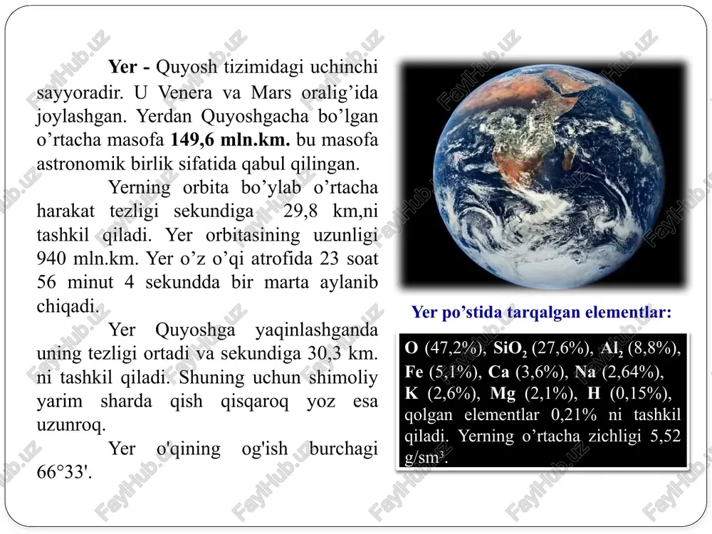 smini, so’ngra o’rta va yuqori qismini ko’zdan g’oyib bo’lishi; tog’larga yaqinlashib kelganda dastlab tog’ tepalari, so’ngra tog’ etaklari ko’rinadi; oy tutilganda yerning unga tushadigan soyasi har doim to’g’ri doiraning bir qismi shaklida bo’lishi; quyosh chiqayotganda dastlab tog’larning tepasini yoritishi. quyosh botgandan keyin ham ma’lum vaqt davomida tog’ cho’qqilarini yoritilib turishi, yer yuzasi yassi bo’lsa, tog’lar etagidan tepasigacha barobar yoritilgan bo’lar edi; eratosfen, e.a.iii asrda yashagan, iskandariya shahridagi mashhur kutubxonada ishlangan, er shari radiusini o'lchagan (uning hisobi bo'yicha 6300 km) yerning shakllari: sferoid ellipsoid uch o’qli ellipsoid geoid sferoid - yerning shaklini umumiy va yirik ko’rinishidir. bunda yer bitta aylanish o’qiga va ekvatorial simmetrik tekislikka ega. sferoid aniq ifodalangan simmetriya o’qiga ega emas, uning hamma o’qlari bir xildir. shuning uchun yer shaklini sferoid ko’rinishini yerning haqiqiy shakliga o’xshamaydi. uch o’qli ellipsoid– yerning ekvatorial kesimi ham ellips shakliga ega ekanligi aniqlangan. bunda yarim o’qlar farqi bor yo’g’i 200 m. atrofida. ekssentrisitet esa …