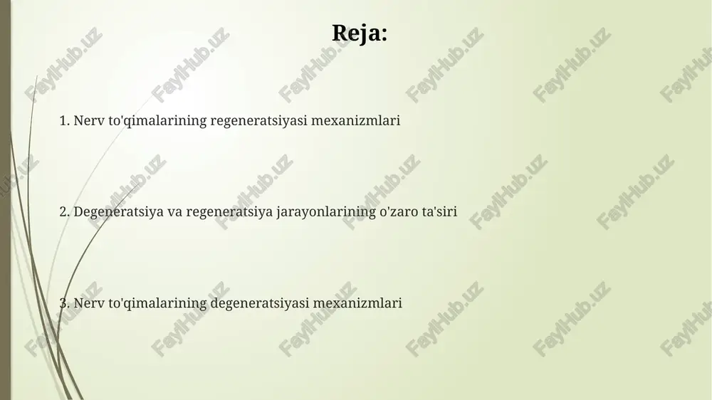 taxminan 1-2 mm/kun tezlikda regeneratsiyani ta'minlaydi. nerv regeneratsiyasi samaradorligi shikastlanish darajasi va vaqtiga bog'liq bo'lib, masalan, to'liq uzilgan nervlarda regeneratsiya 1-2 oydan 12 oygacha davom etishi mumkin. regeneratsiyani rag'batlantiruvchi strategiyalar nerv tolalarining o'sishini rag'batlantirish uchun schwann hujayralarining faolligini 20-30% ga oshiradigan o'sish omillarini (masalan, ngf, bdnf) qo'llash samarali usul hisoblanadi. elektroterapiya, past intensivli lazer terapiyasi va magnit maydon terapiyasi kabi usullar nerv impulslarining o'tkazuvchanligini tiklashga yordam beradi va regeneratsiyani 1,5-2 baravar tezlashtirishi mumkin. nerv to'qimalarining regeneratsiyasini tezlashtirish uchun 5-10 mm uzunlikdagi nerv defektlarini ko'priklashda biomateriallar, xususan, kollagen yoki gidrogel asosidagi skffoldlardan foydalanish mumkin. nerv to'qimalarining degeneratsiyasi mexanizmlari miyelin qinining shikastlanishi, oligodendrotsitlar yoki shvann hujayralarining o'limi bilan bog'liq bo'lib, impuls o'tkazuvchanligini buzadi va regeneratsiya jarayonini sustlashtiradi, bu esa 1 mm ga 1 kun tezlikda sodir bo'lishi mumkin. aksonotmezis, ya'ni aksonning to'liq uzilishi, regeneratsiyani ancha qiyinlashtiradi va funktsional tiklanishni sekinlashtiradi, shuningdek, nöropatik og'riqlarning rivojlanishiga olib kelishi mumkin. nerv tolasi shikastlanganda, wallerian degeneratsiyasi …